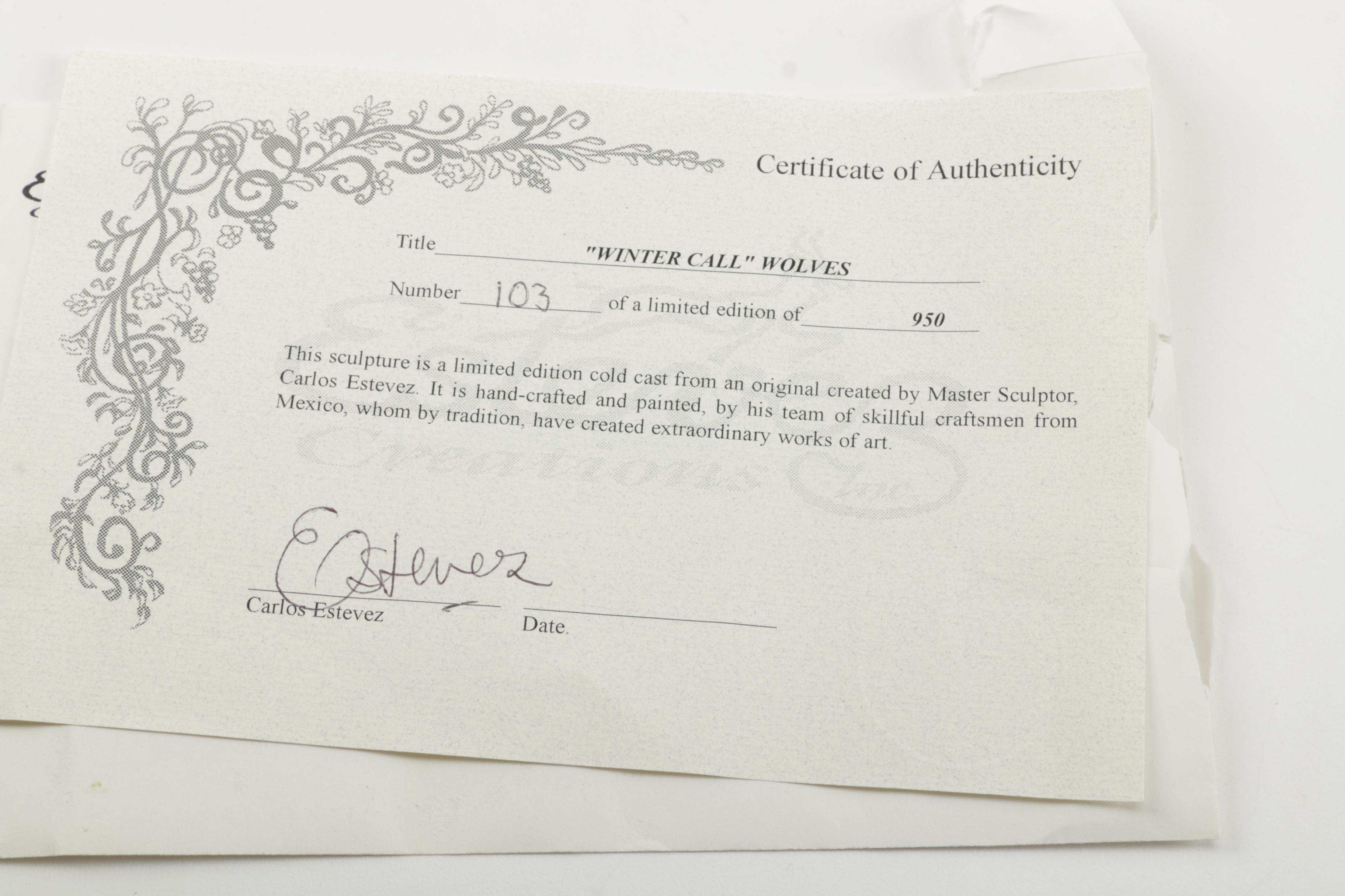 Carlos Estevez Hand-Painted Cold Cast Sculpture "Winter Call" Wolves