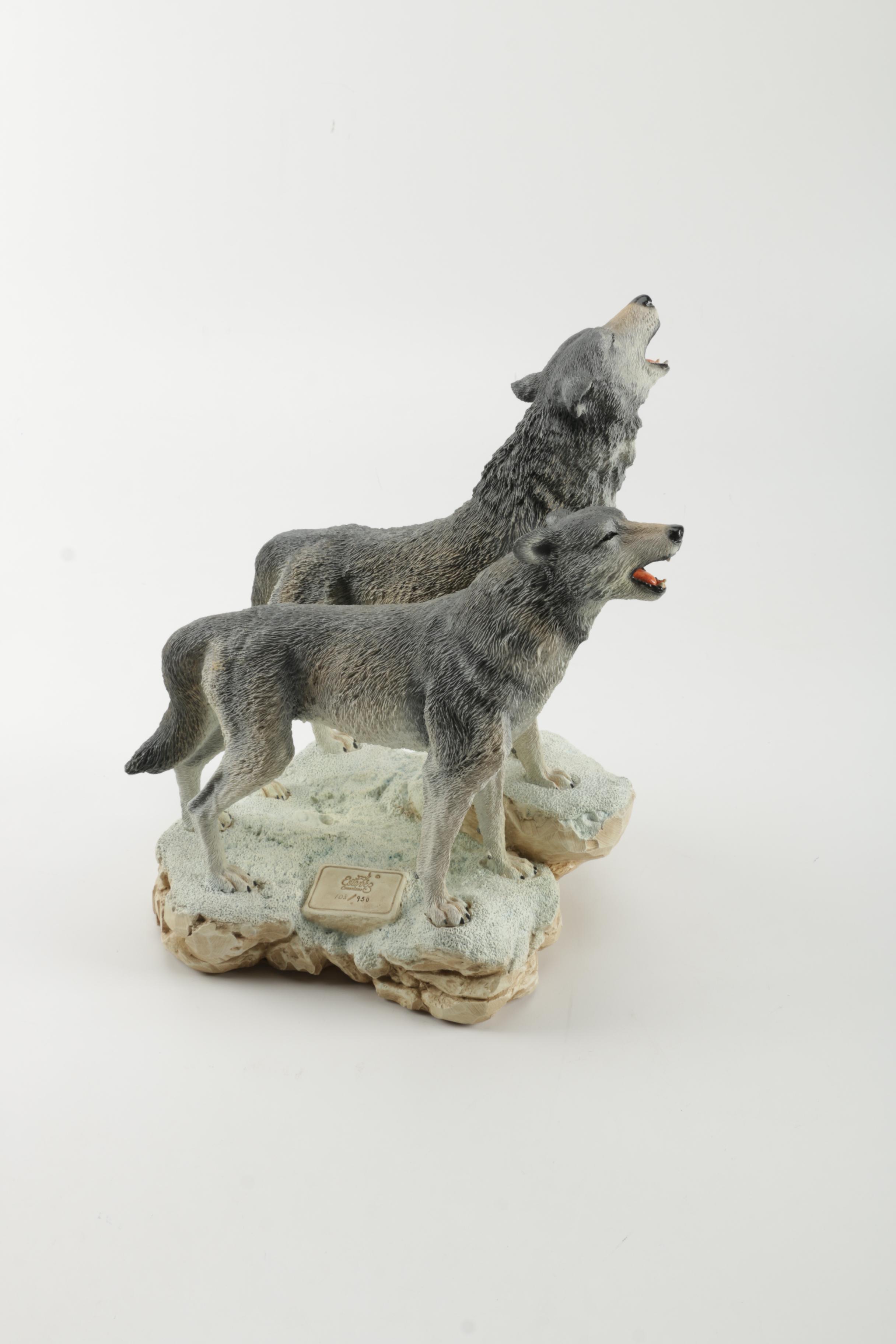 Carlos Estevez Hand-Painted Cold Cast Sculpture "Winter Call" Wolves