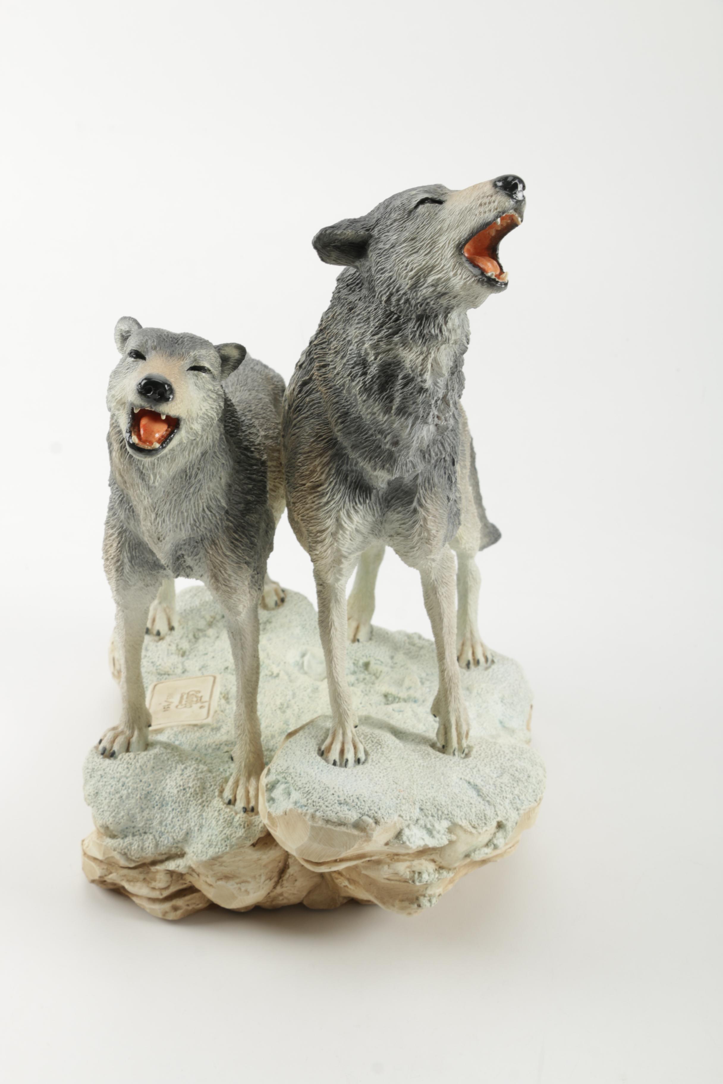 Carlos Estevez Hand-Painted Cold Cast Sculpture "Winter Call" Wolves