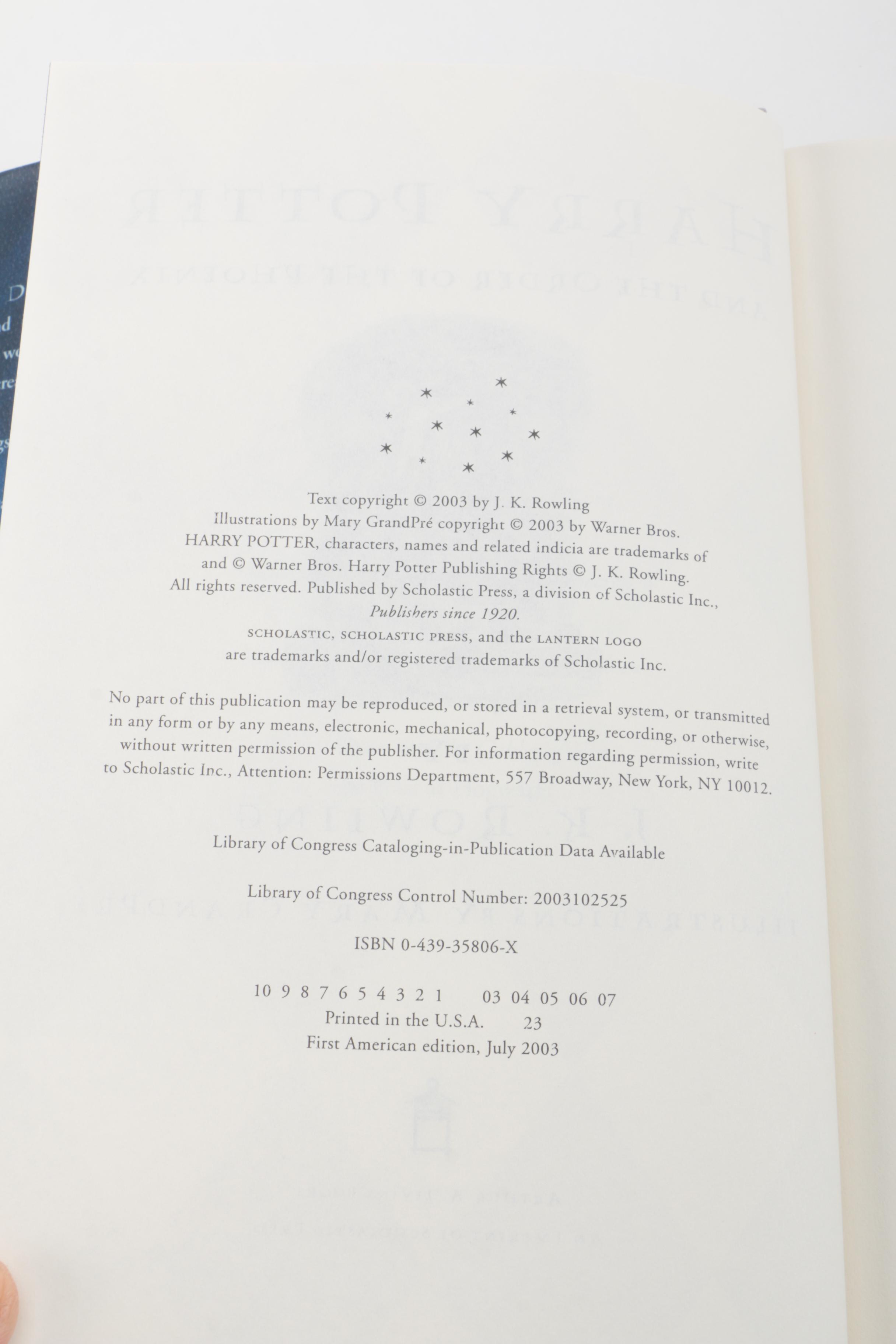 "Harry Potter" Books Including First American Edition of "Order of the Phoenix"