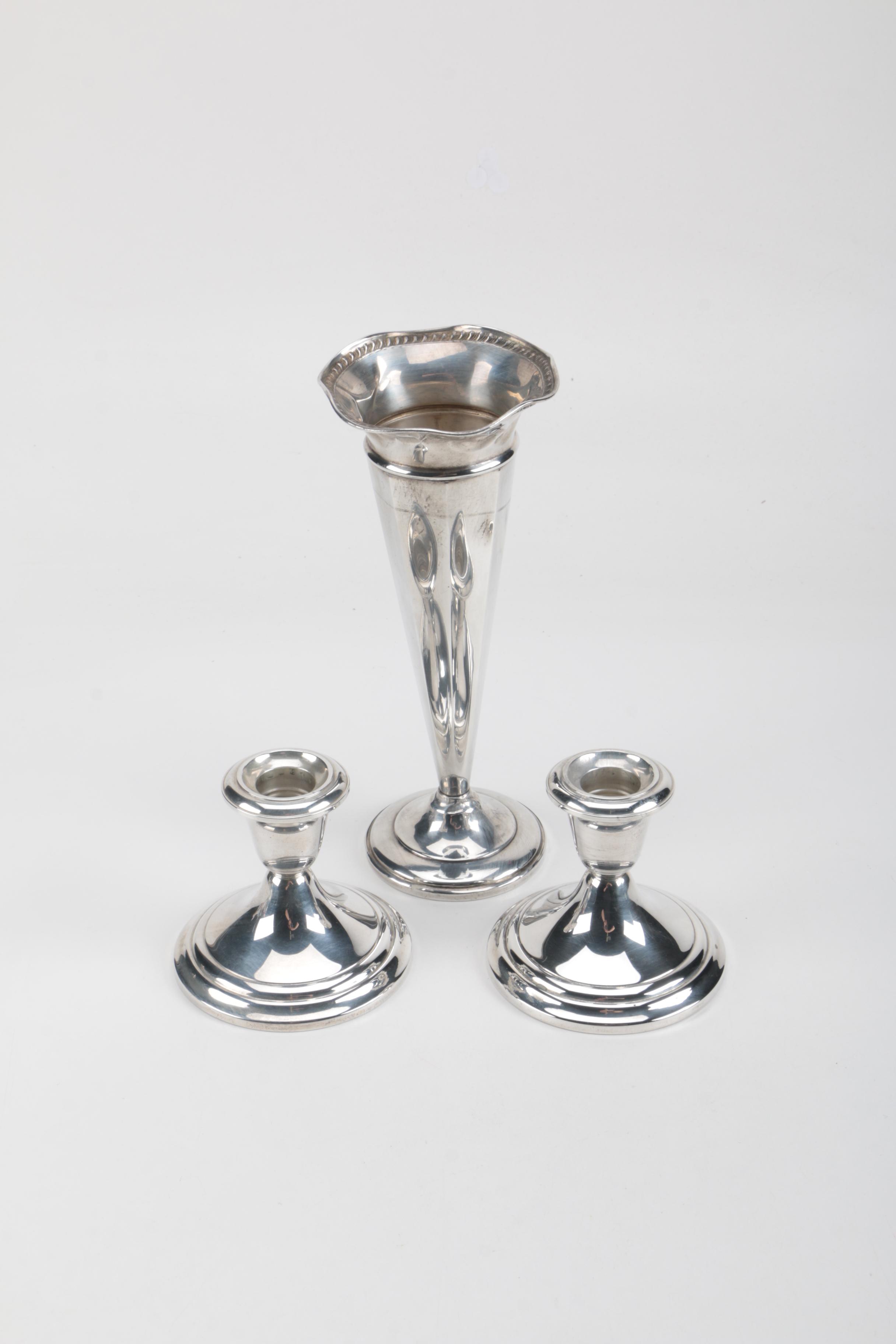 Weighted Sterling Bud Vase and Candleholders Featuring Gorham