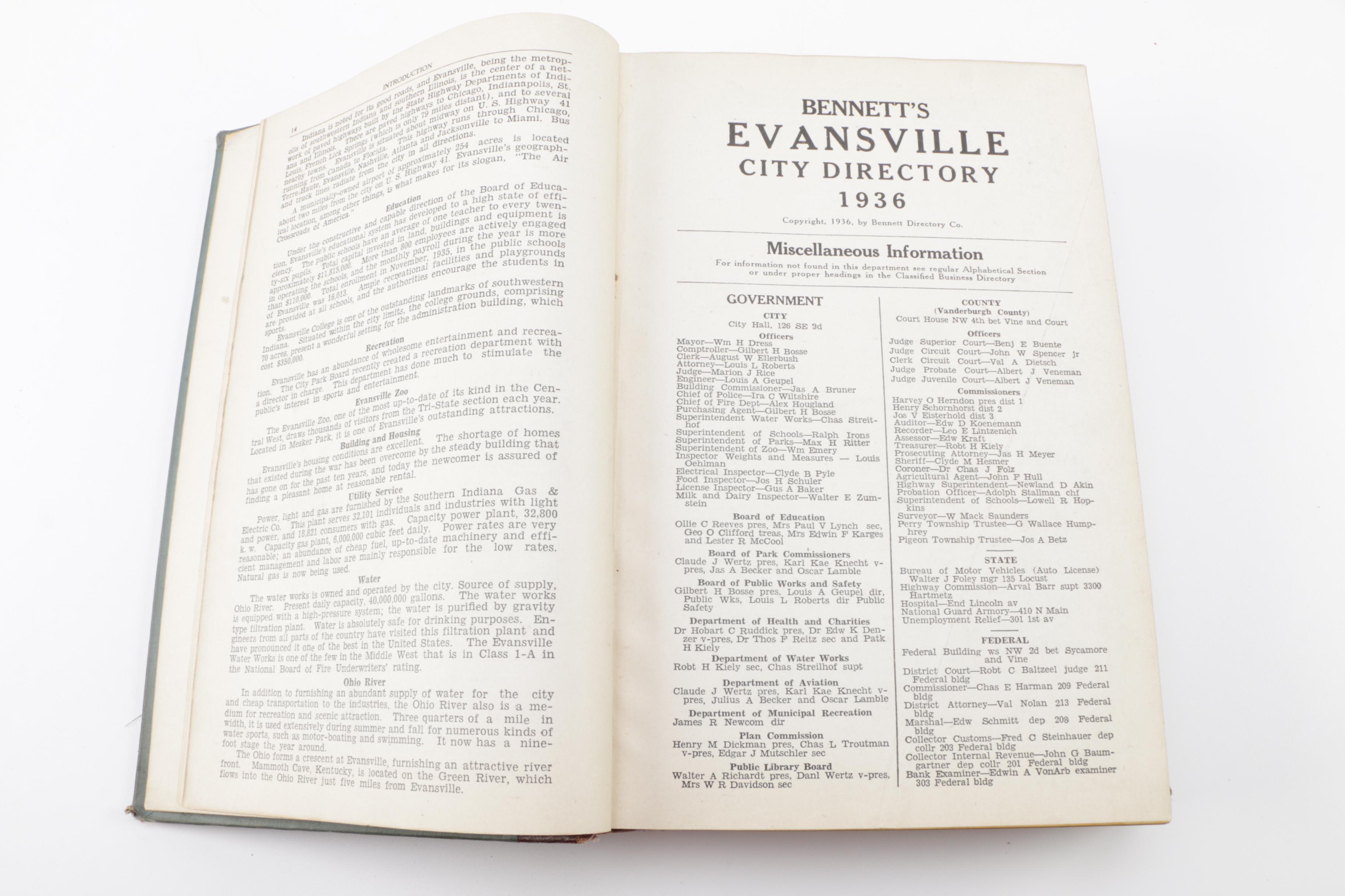 Antique Indiana History Books and 1936 Evansville City Directory