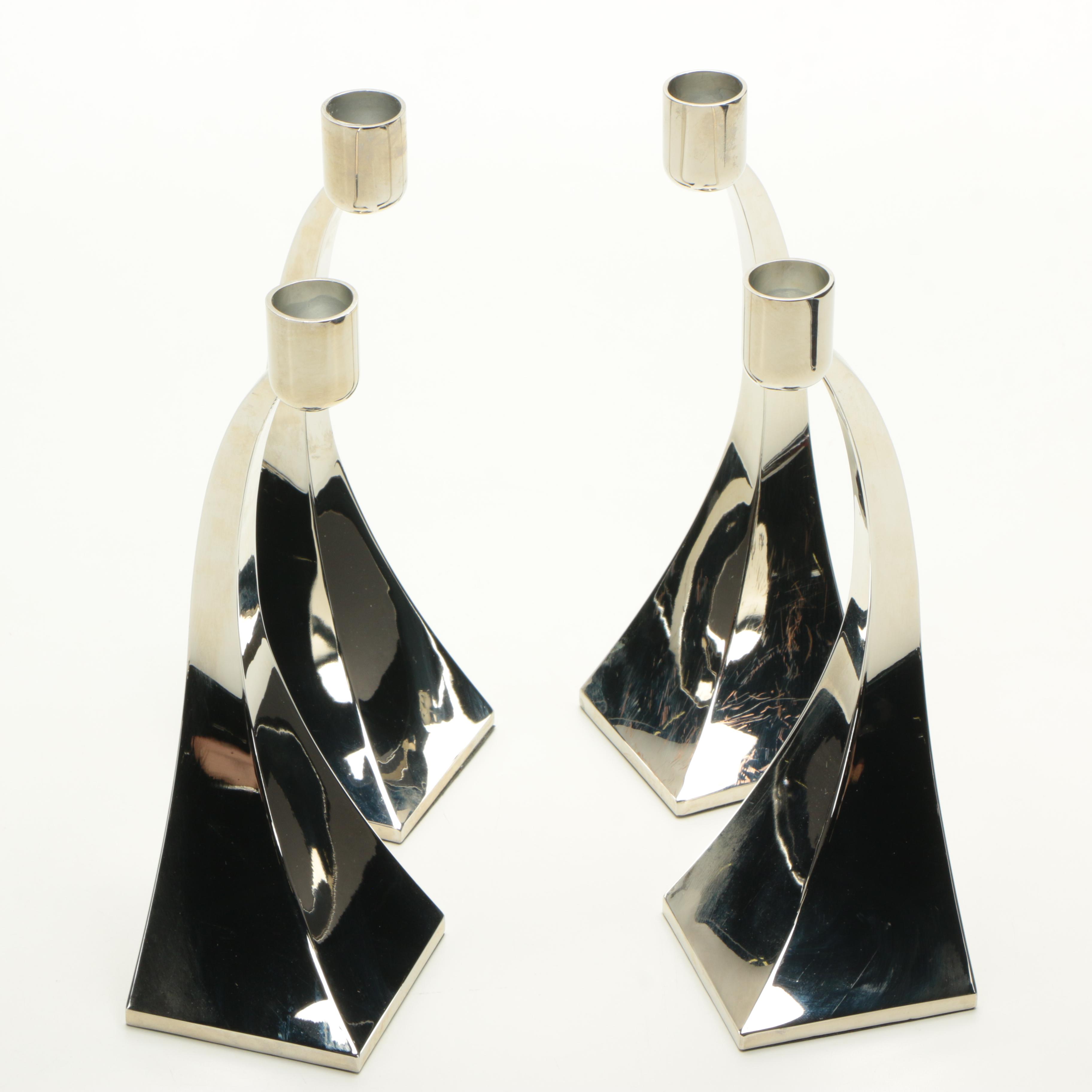 Silver Tone Candlesticks and Fluted Vase