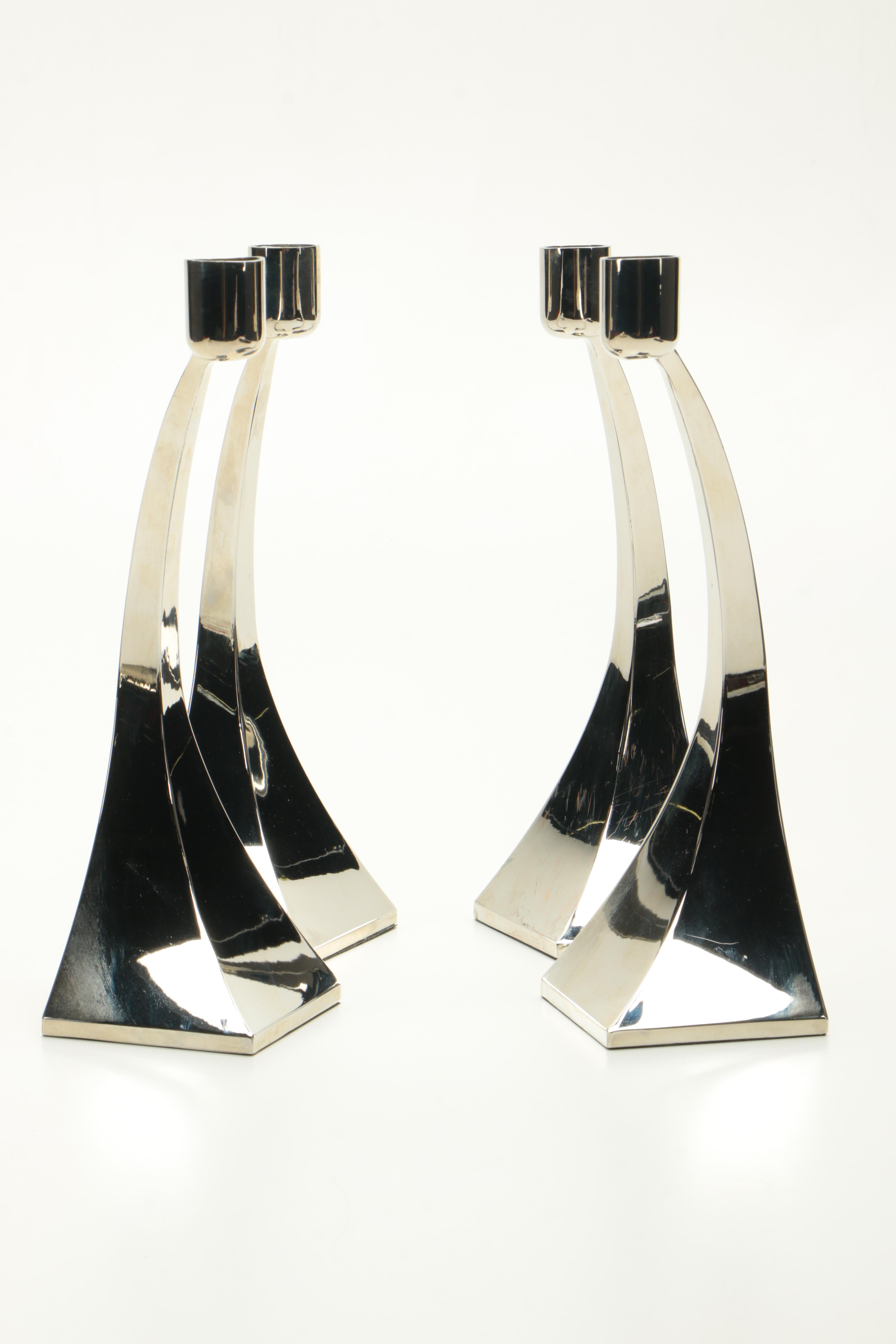 Silver Tone Candlesticks and Fluted Vase