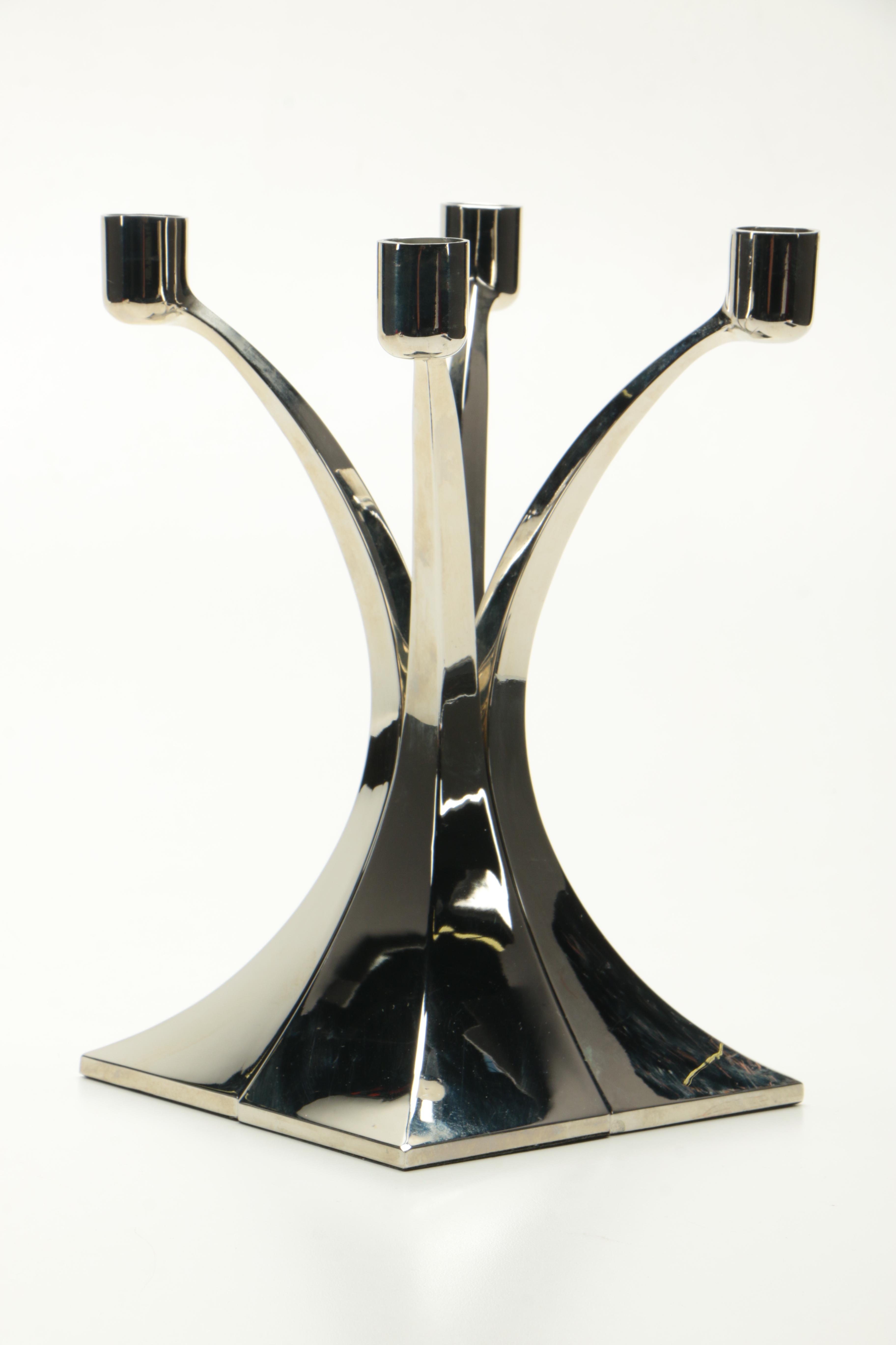 Silver Tone Candlesticks and Fluted Vase