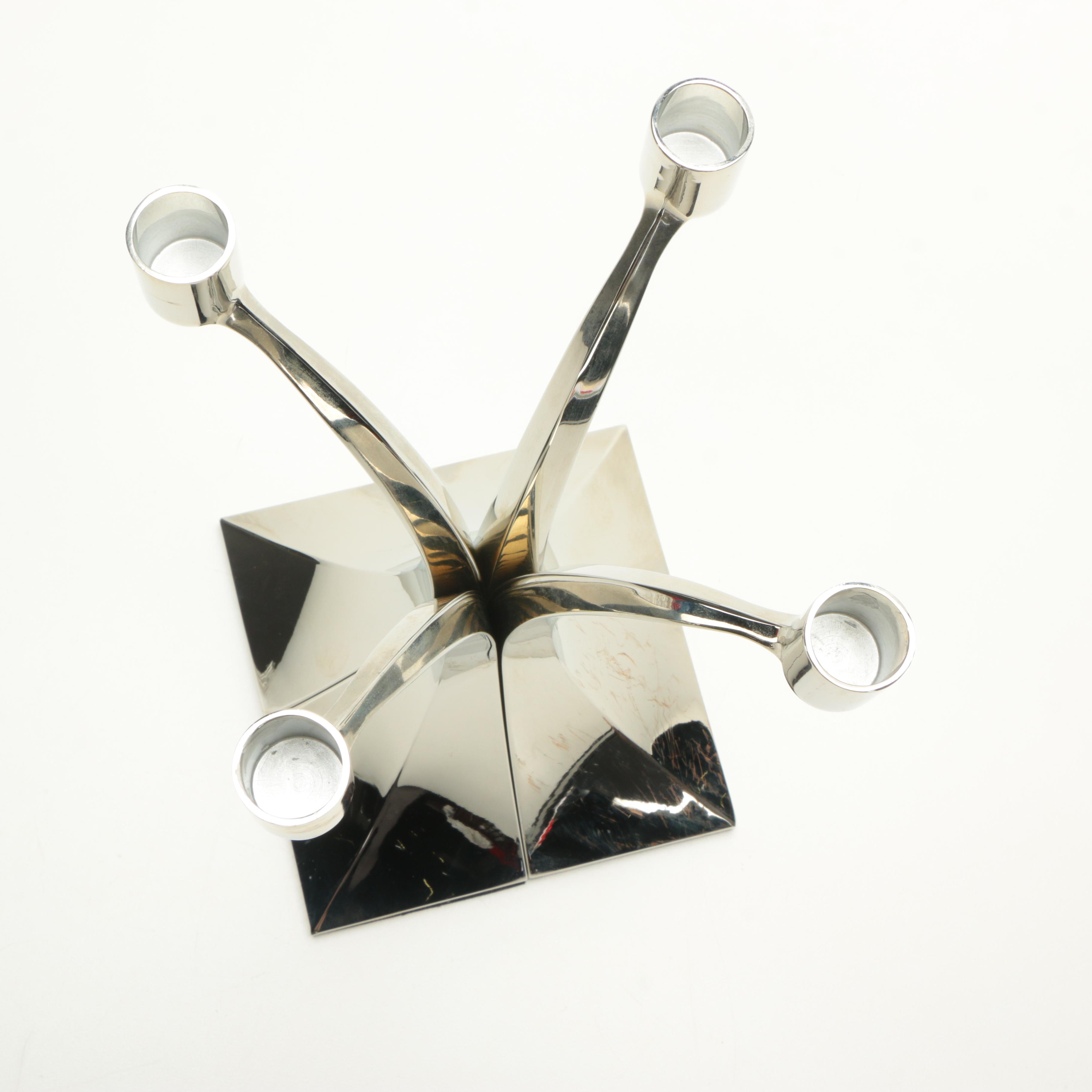 Silver Tone Candlesticks and Fluted Vase