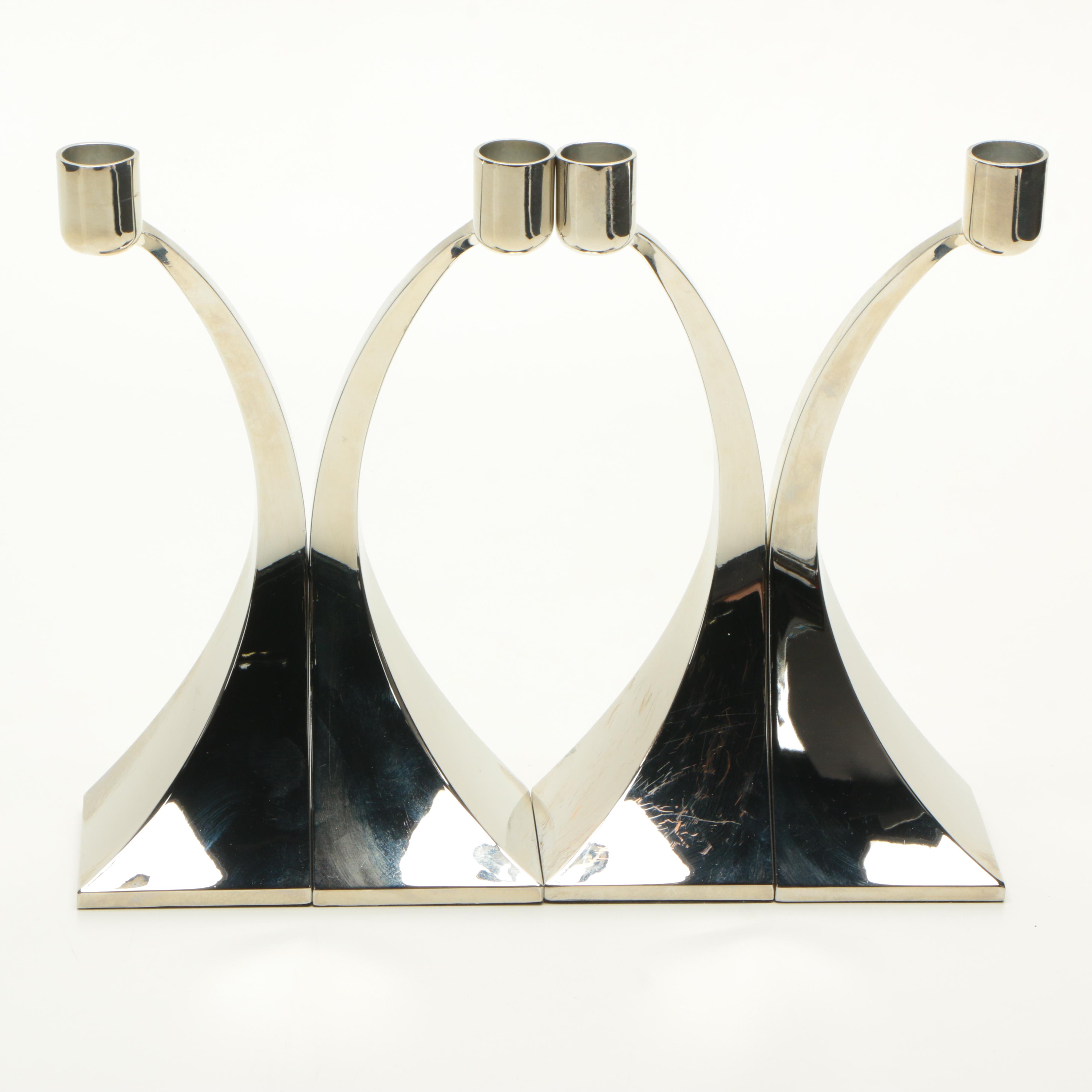 Silver Tone Candlesticks and Fluted Vase