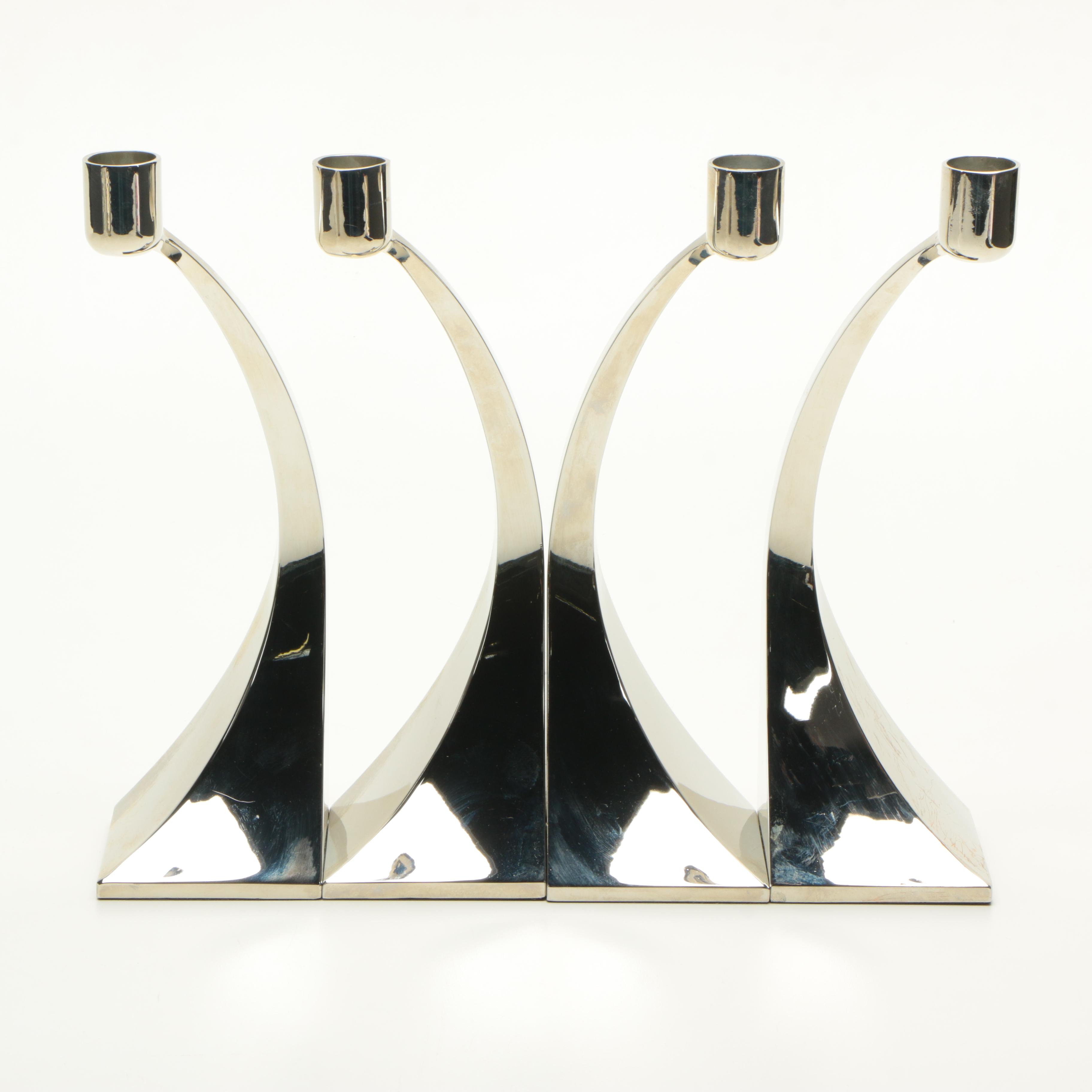 Silver Tone Candlesticks and Fluted Vase