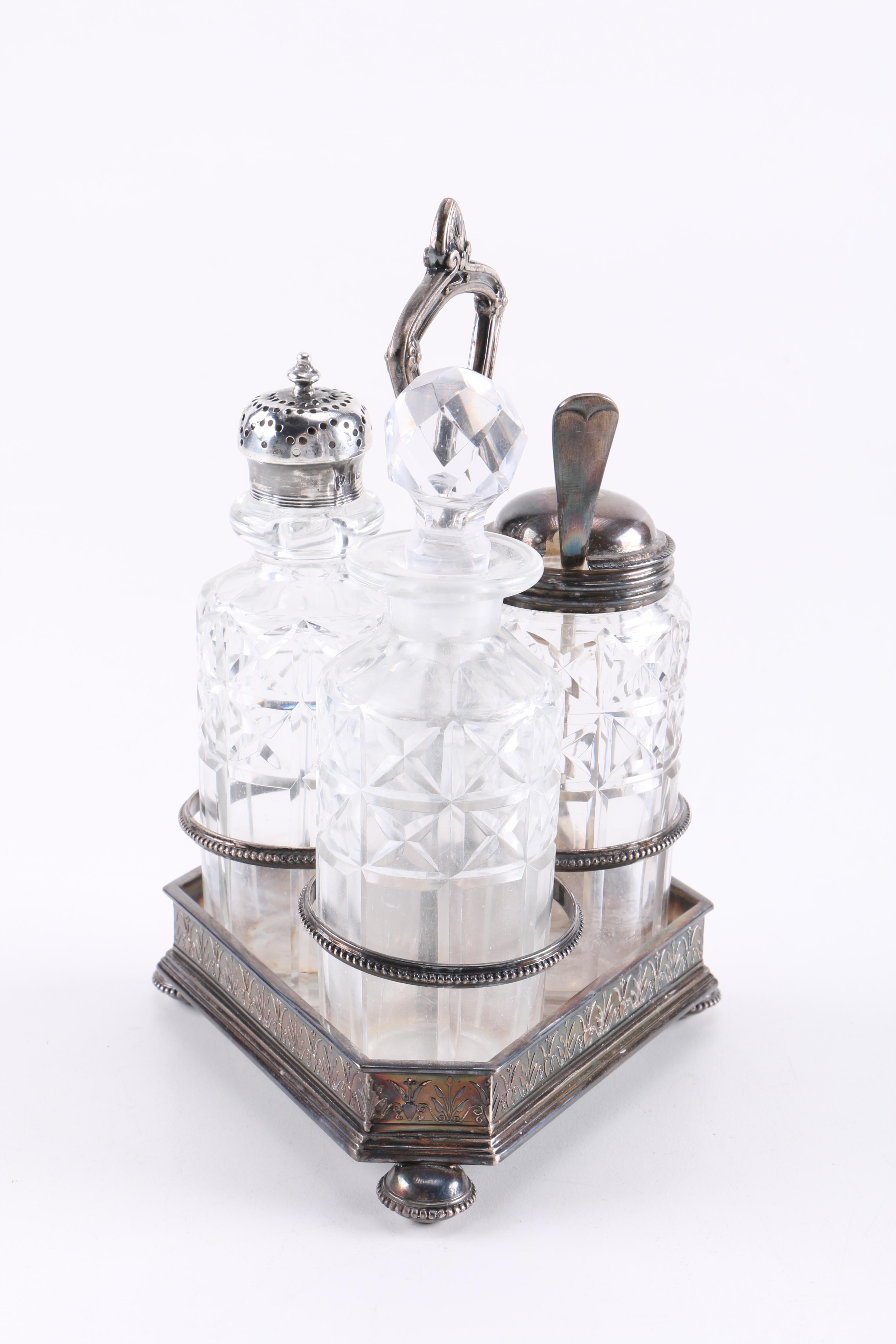 Antique Glass Cruet Set Featuring Elkington & Co. and Sterling