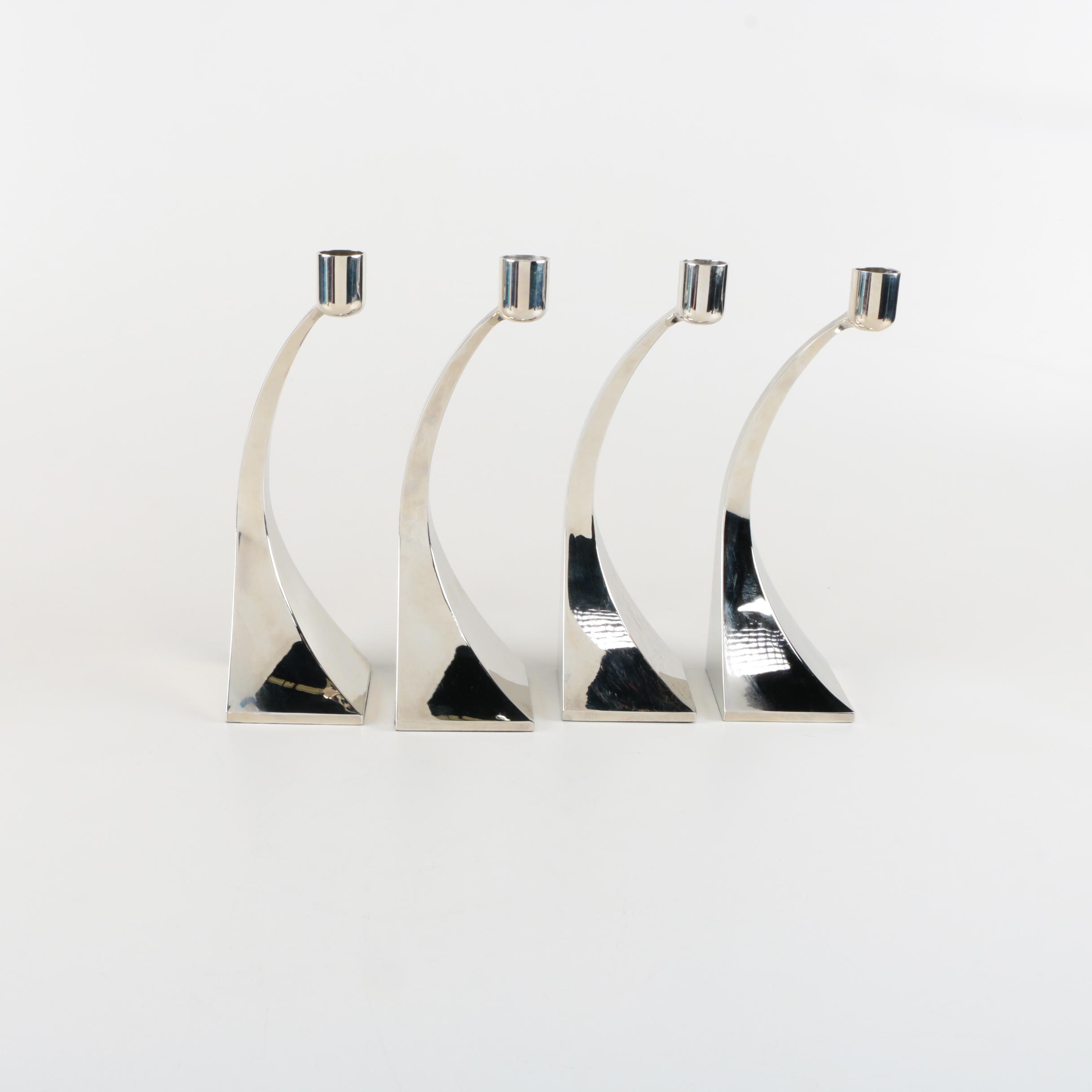 Silver Tone Candlesticks and Fluted Vase