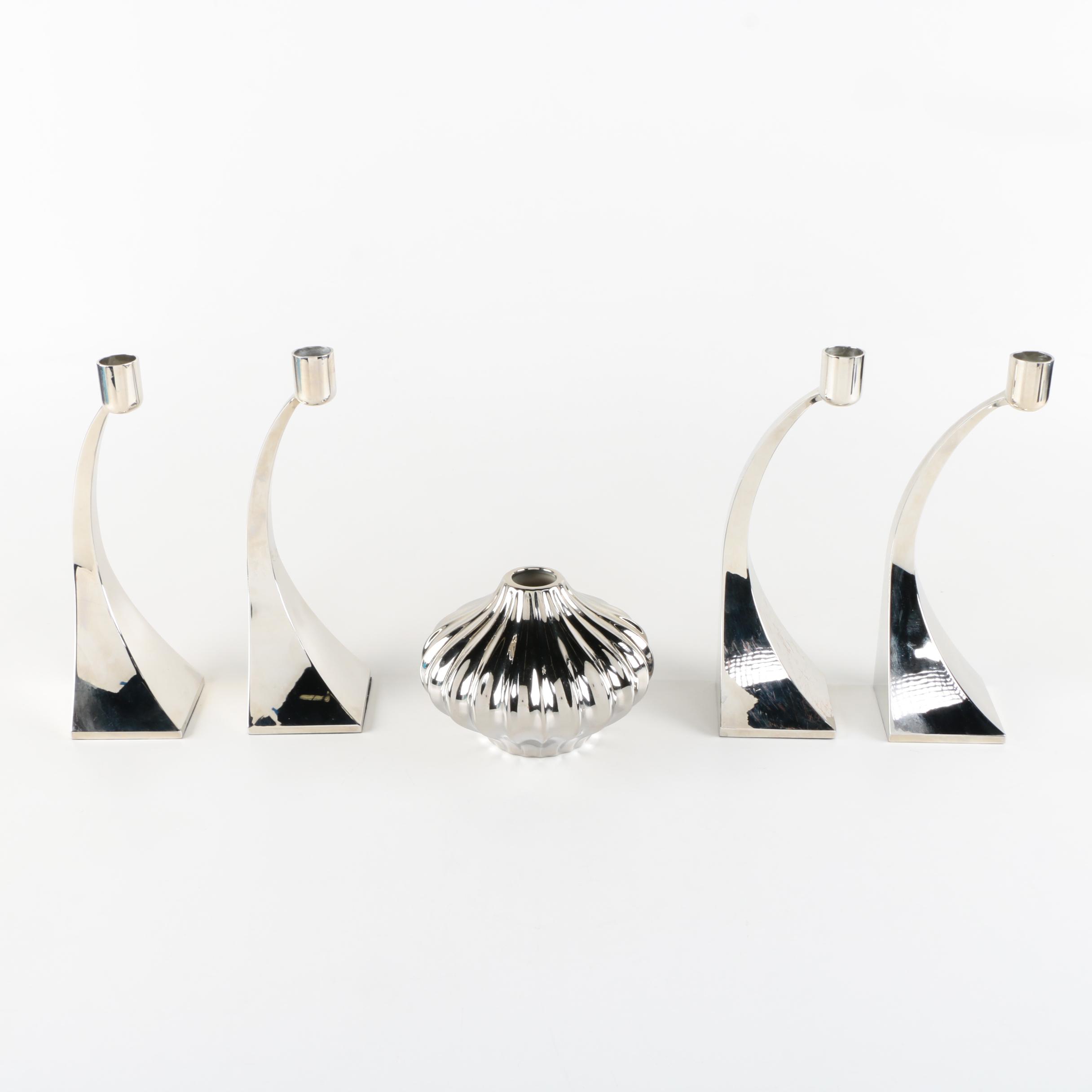 Silver Tone Candlesticks and Fluted Vase