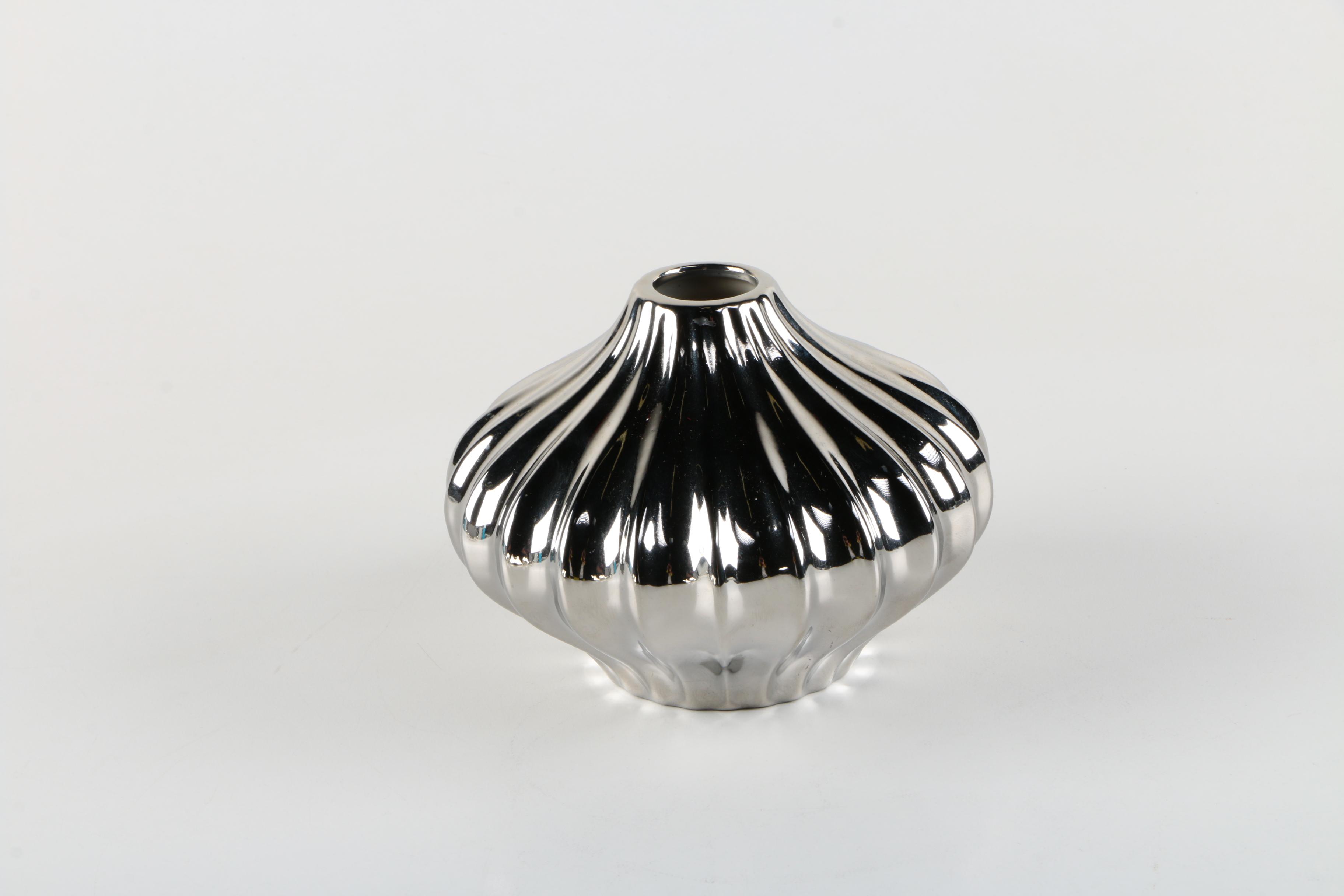 Silver Tone Candlesticks and Fluted Vase