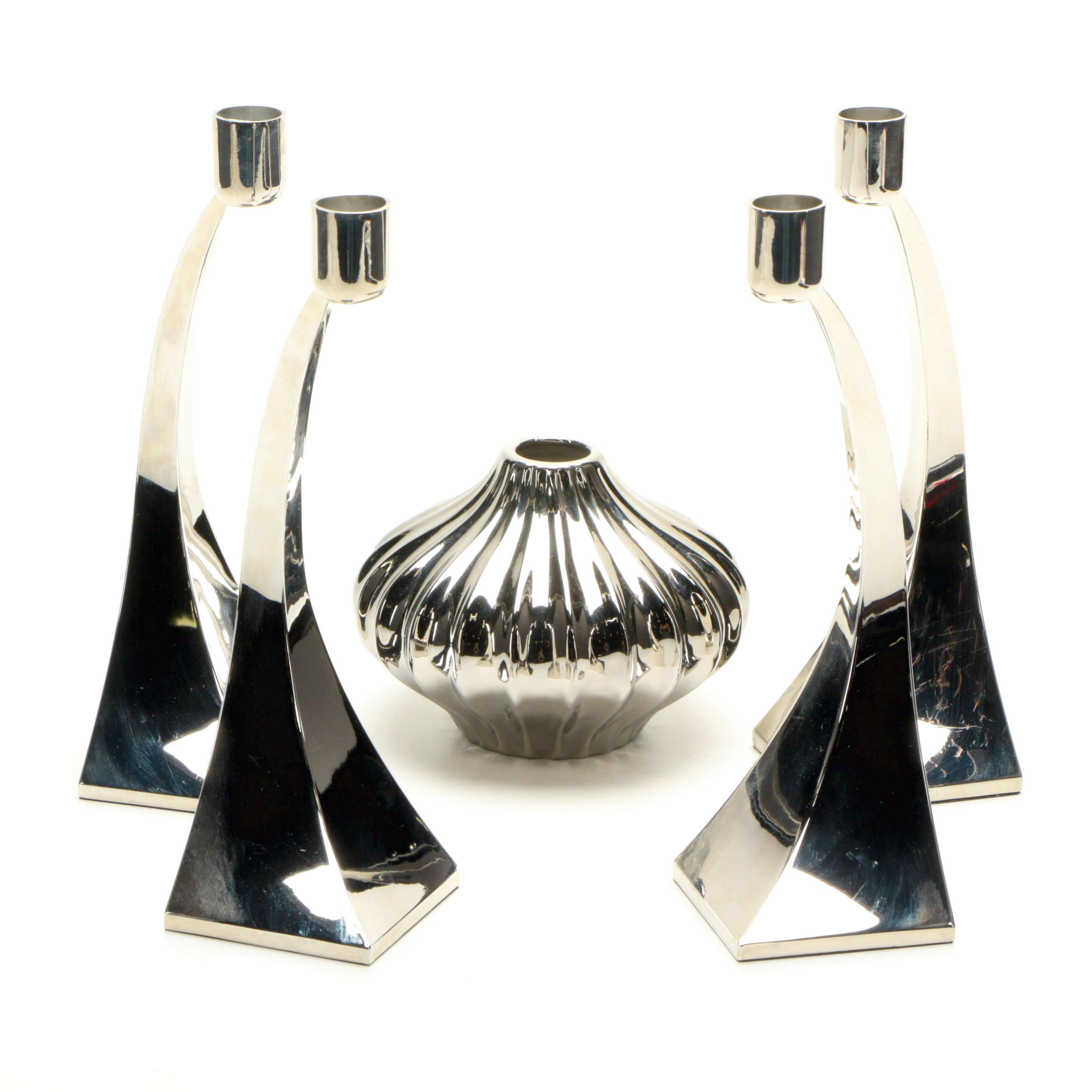 Silver Tone Candlesticks and Fluted Vase