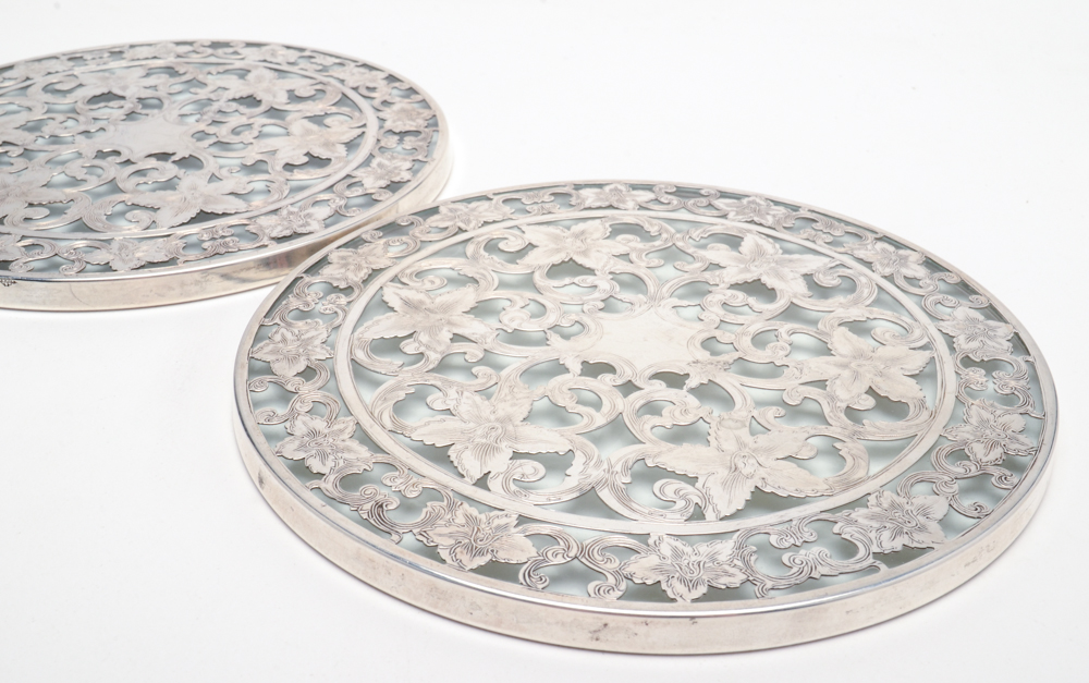 Sterling Silver Glass Overlay Tea Trivets by Webster
