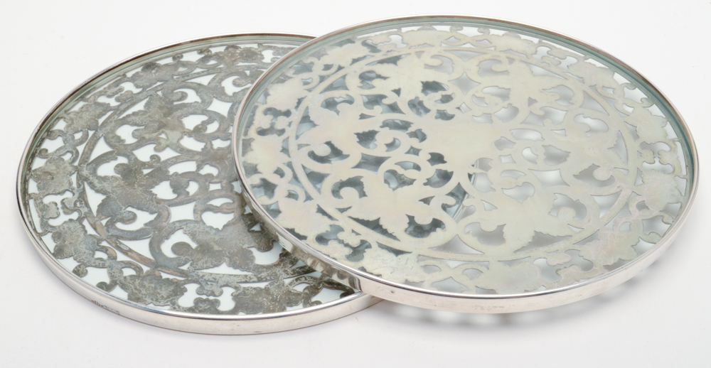 Sterling Silver Glass Overlay Tea Trivets by Webster
