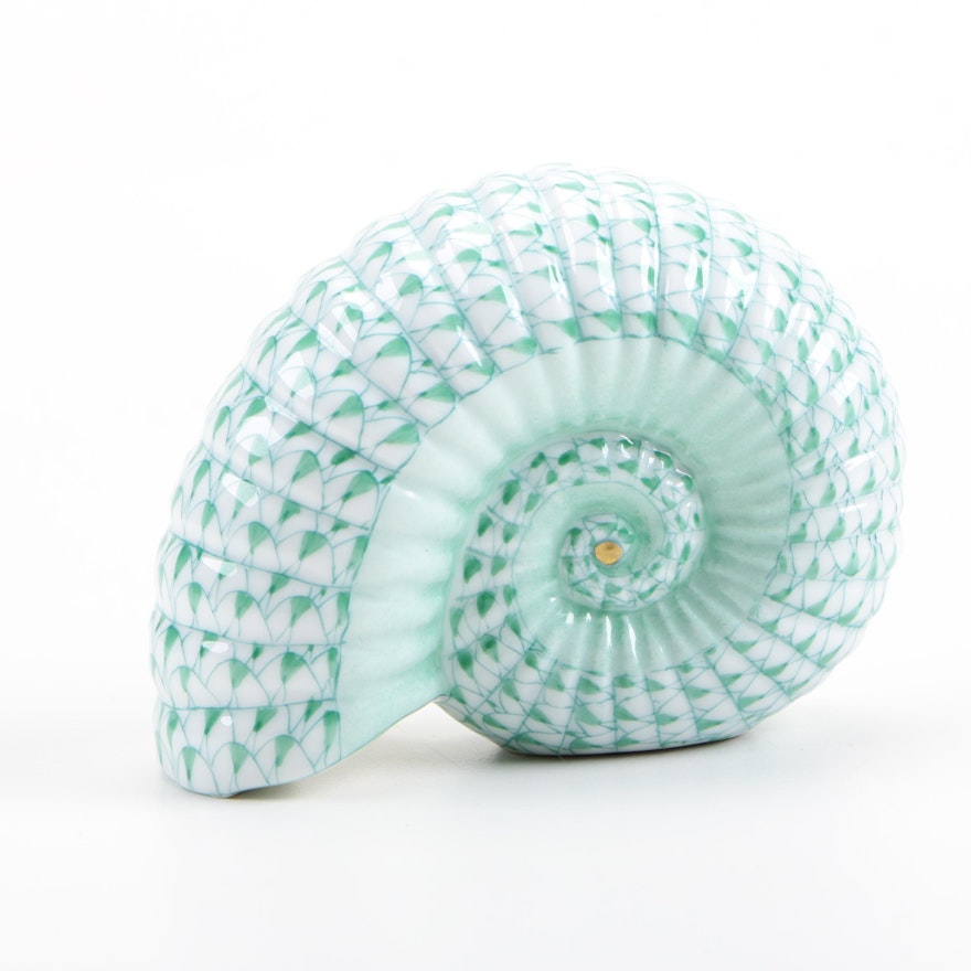 Herend White and Green Nautilus Shell Figurine