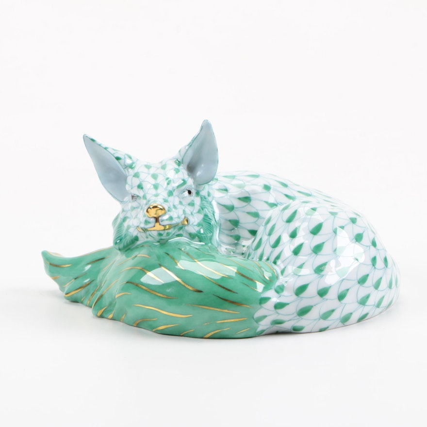 Herend White and Green Fox Figurine