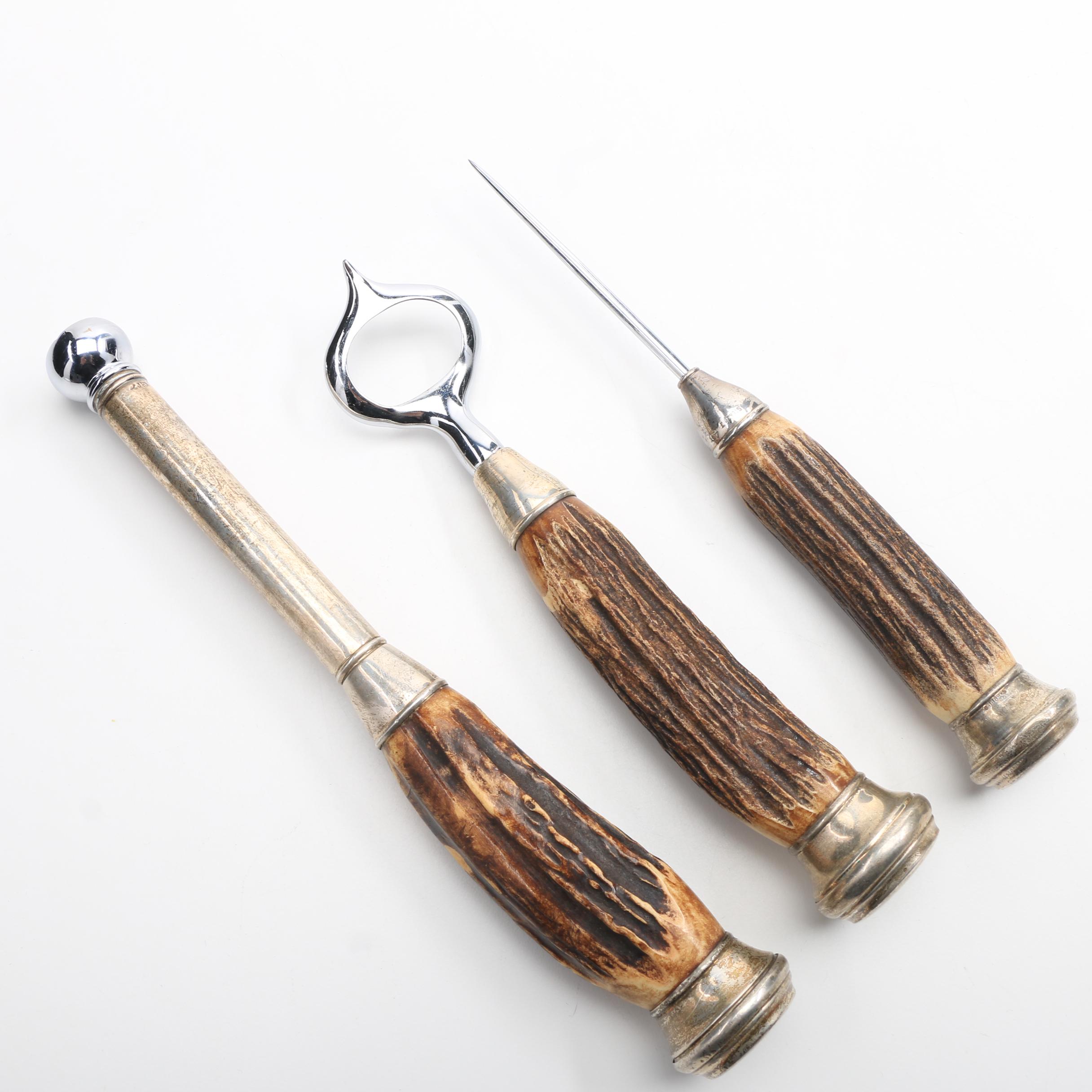 Vintage Stag Horn Bar Accessories with Sterling Silver Caps