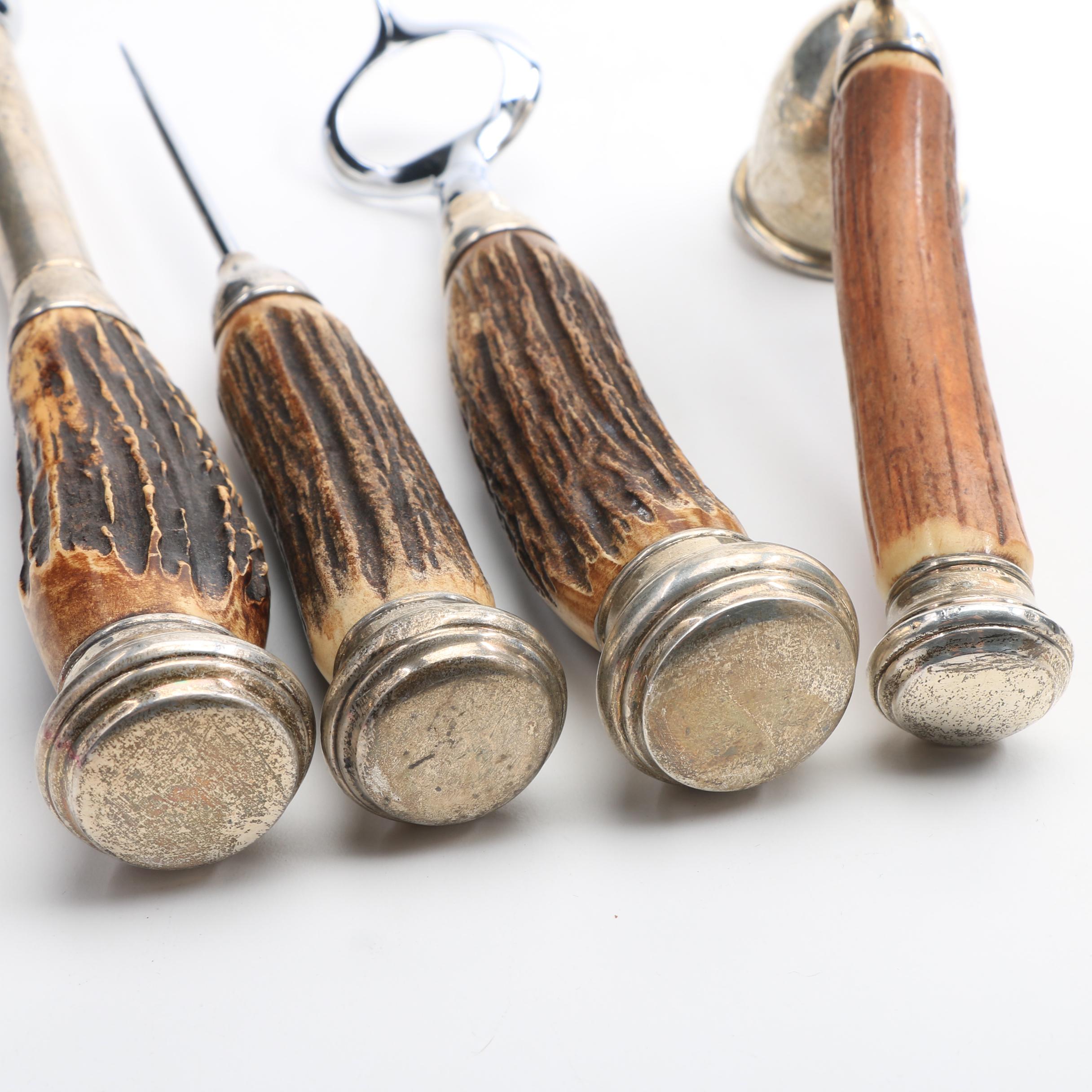 Vintage Stag Horn Bar Accessories with Sterling Silver Caps