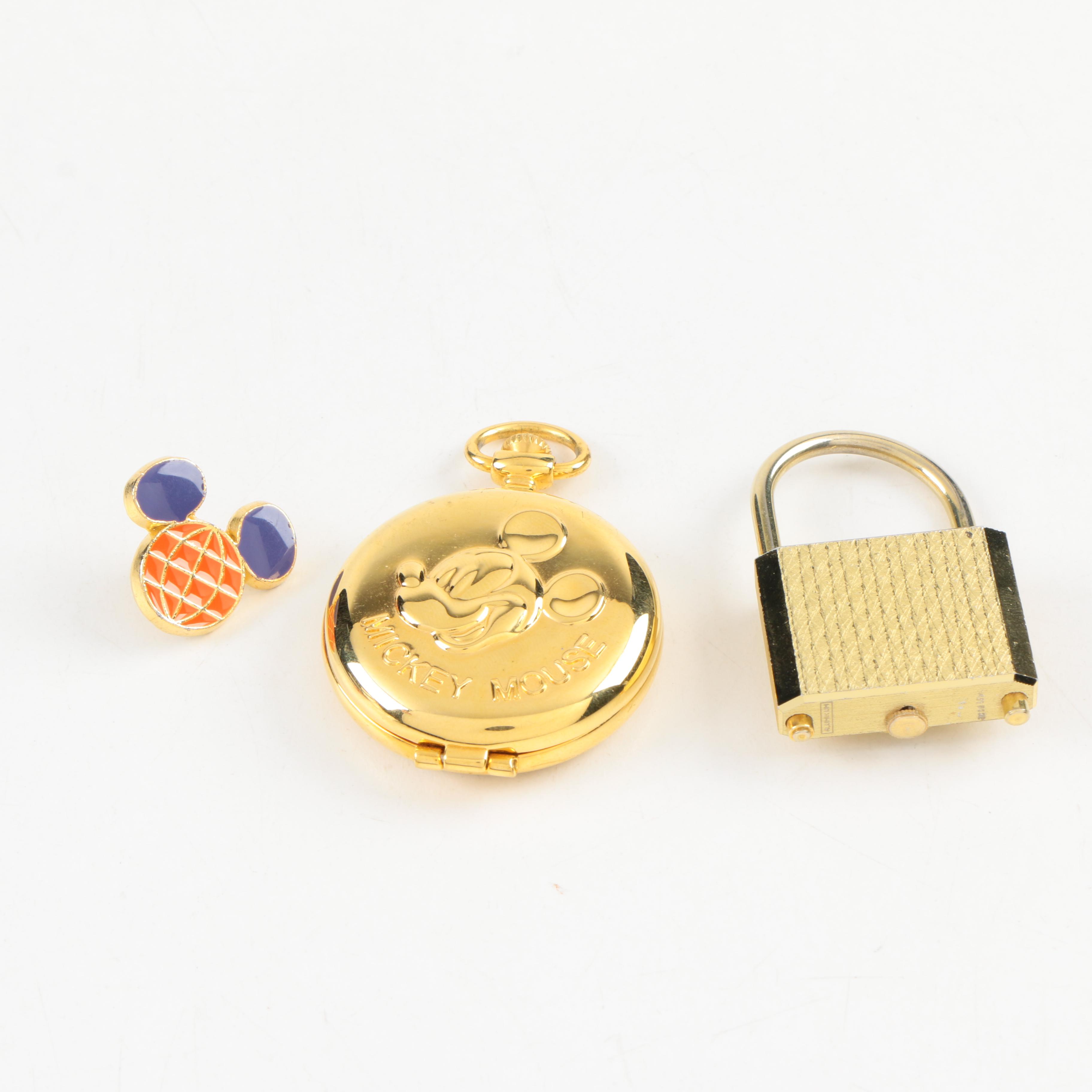 Assortment of Gold Tone Accessories Featuring Mickey Mouse