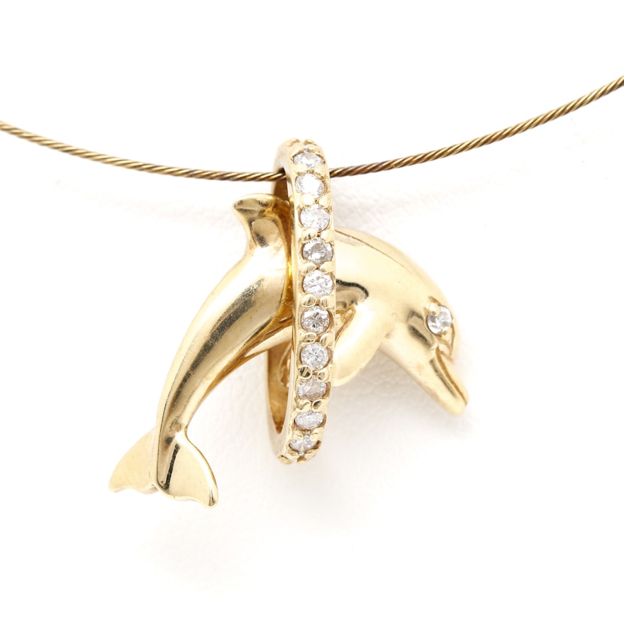 Wyland 14K Yellow Gold Diamond Dolphin Pendant Necklace