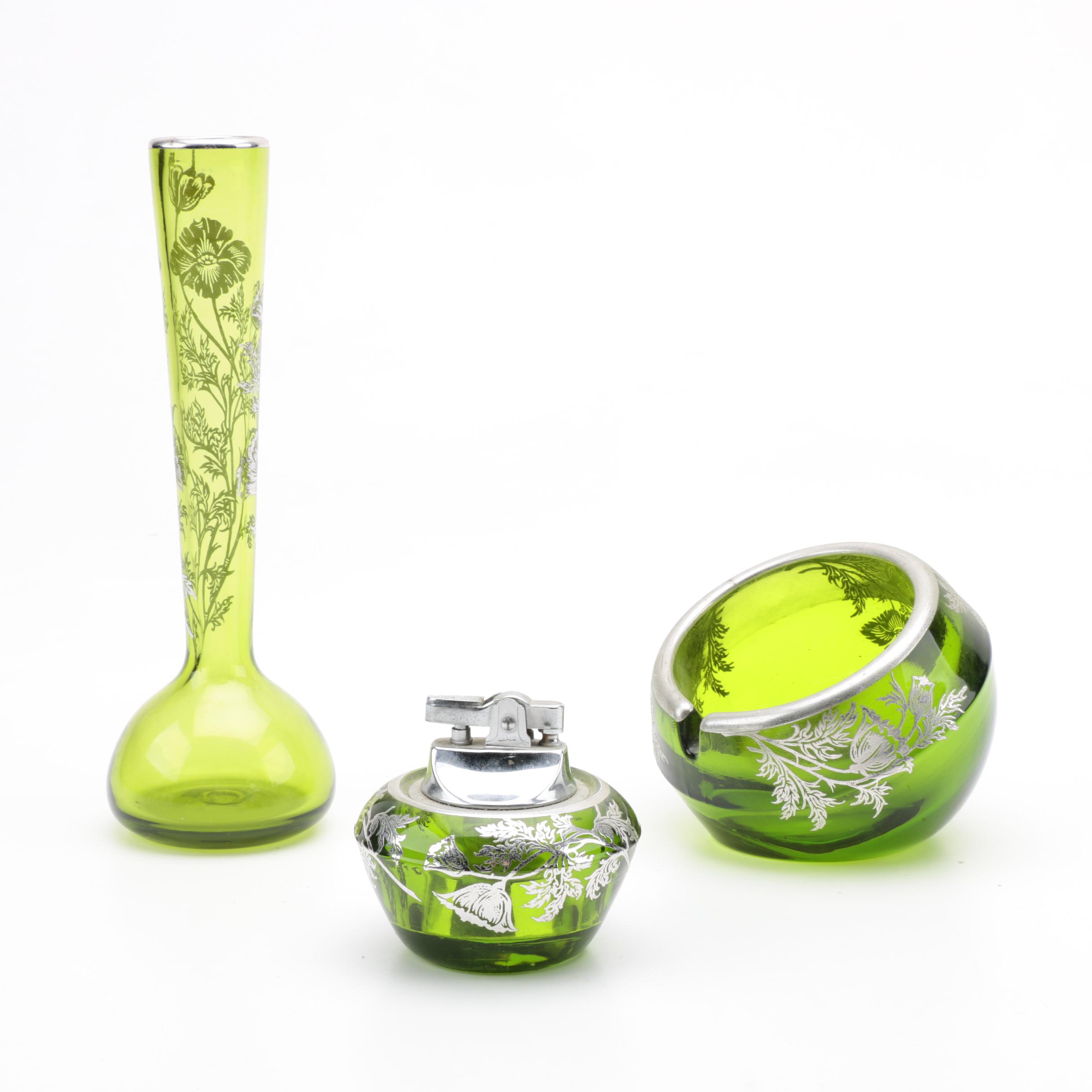 Vintage Green Glass and Silver Overlay Tableware