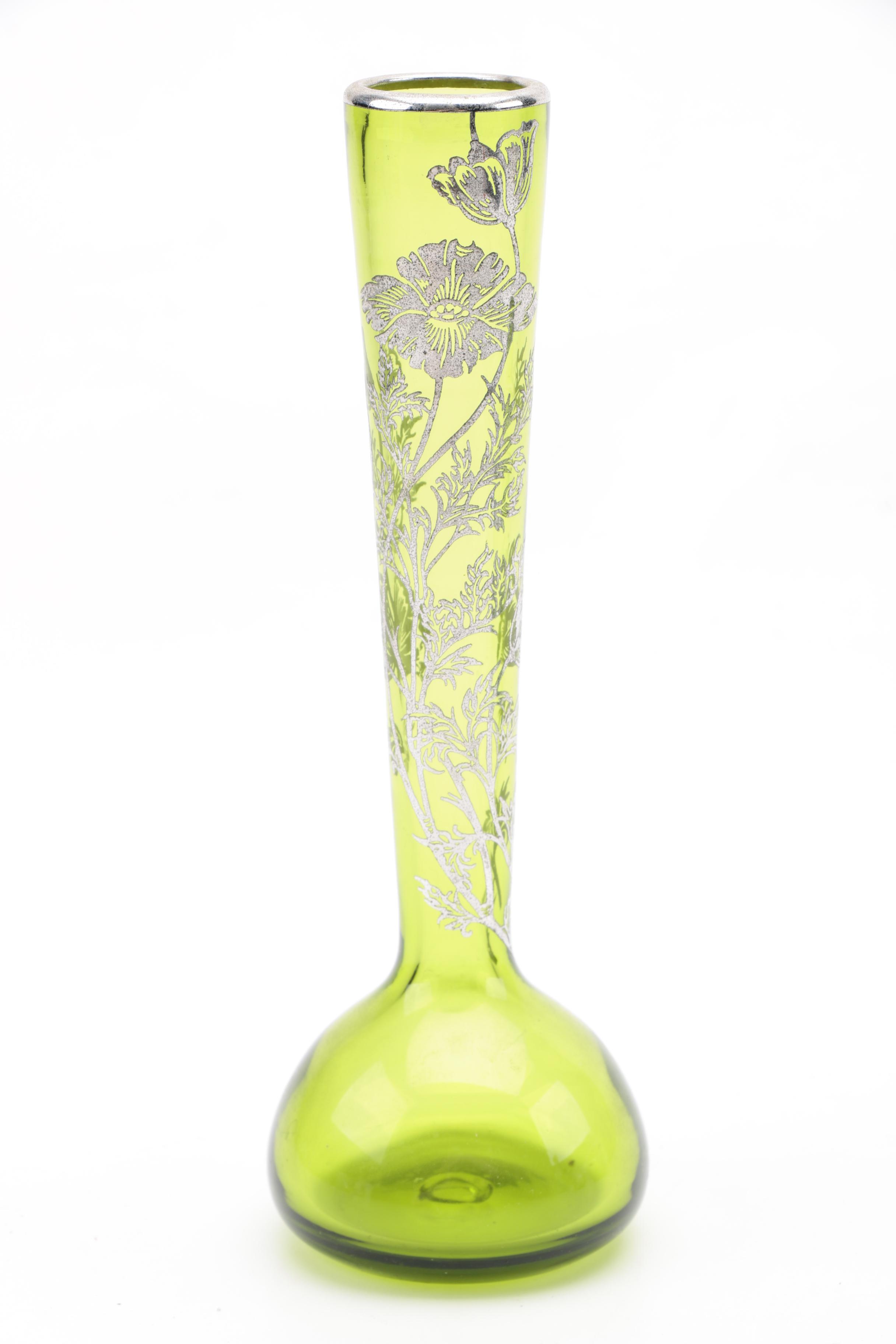 Vintage Green Glass and Silver Overlay Tableware