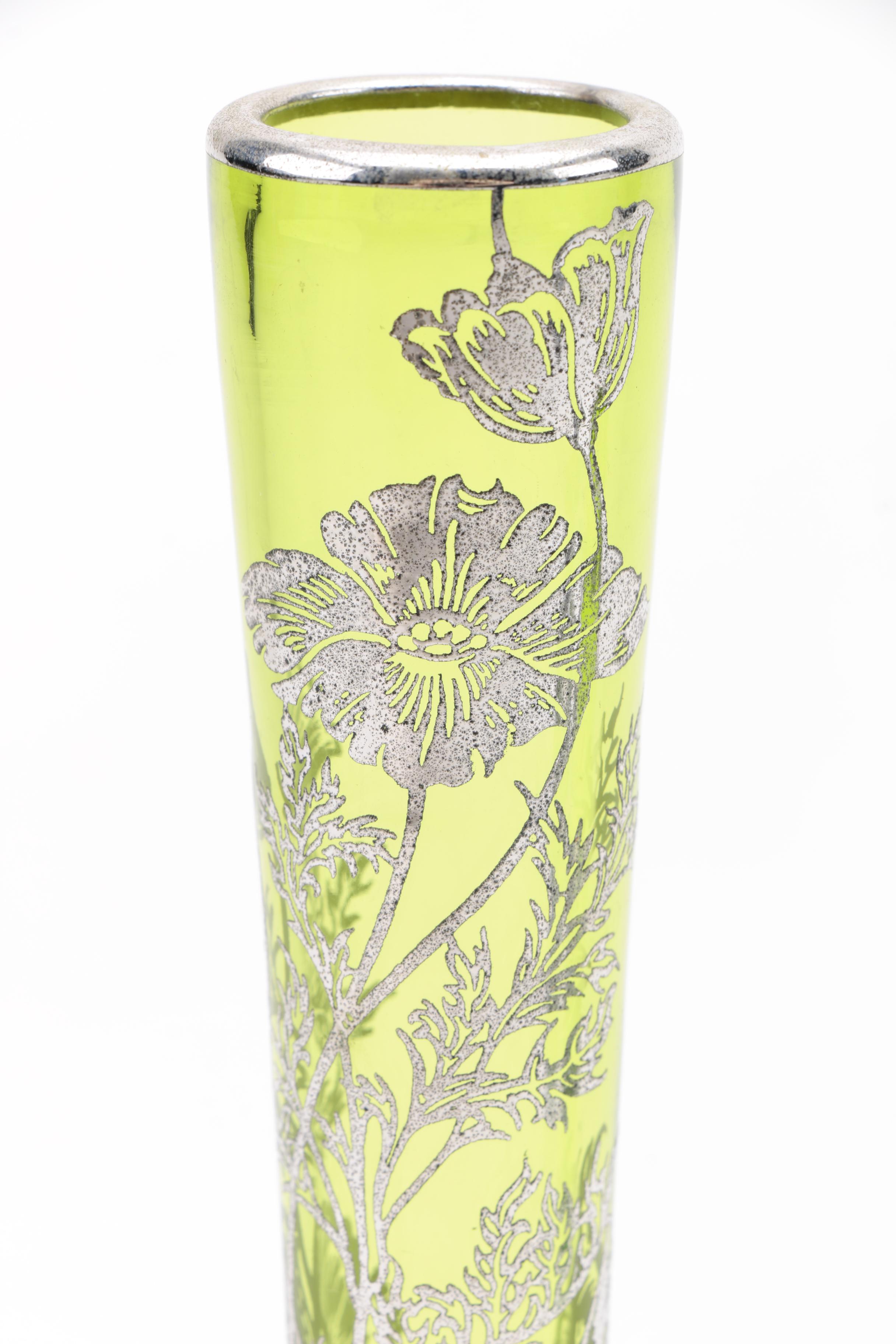 Vintage Green Glass and Silver Overlay Tableware