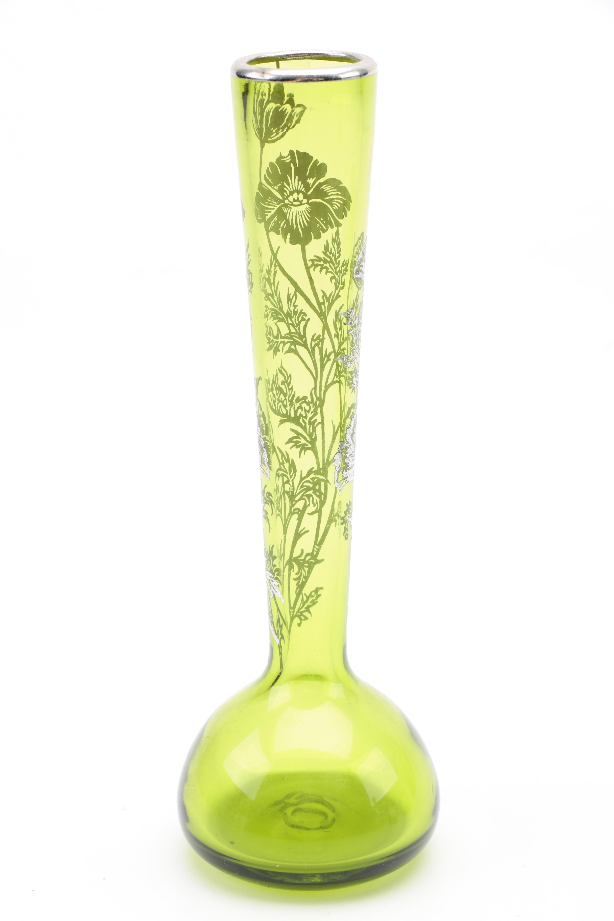 Vintage Green Glass and Silver Overlay Tableware