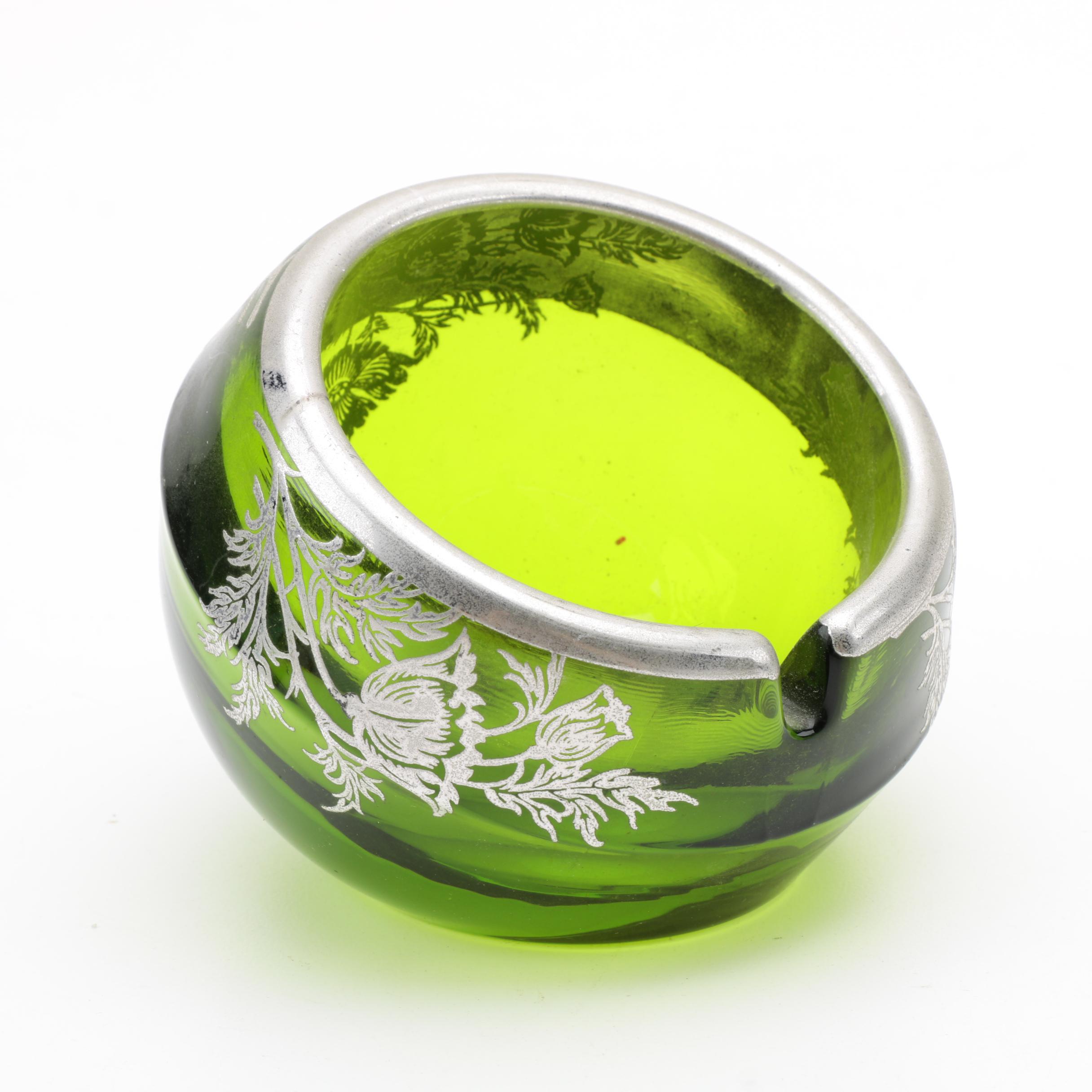 Vintage Green Glass and Silver Overlay Tableware