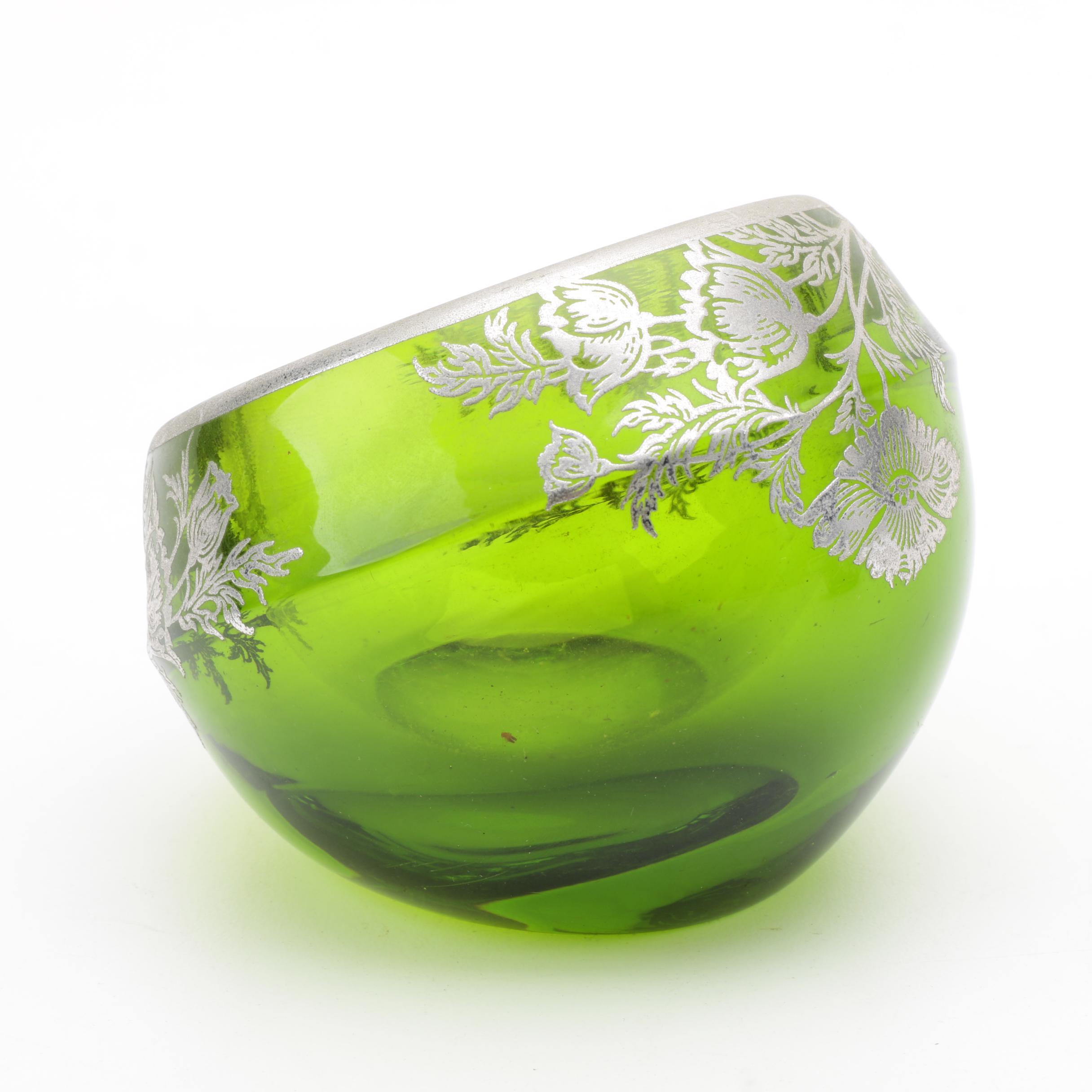 Vintage Green Glass and Silver Overlay Tableware