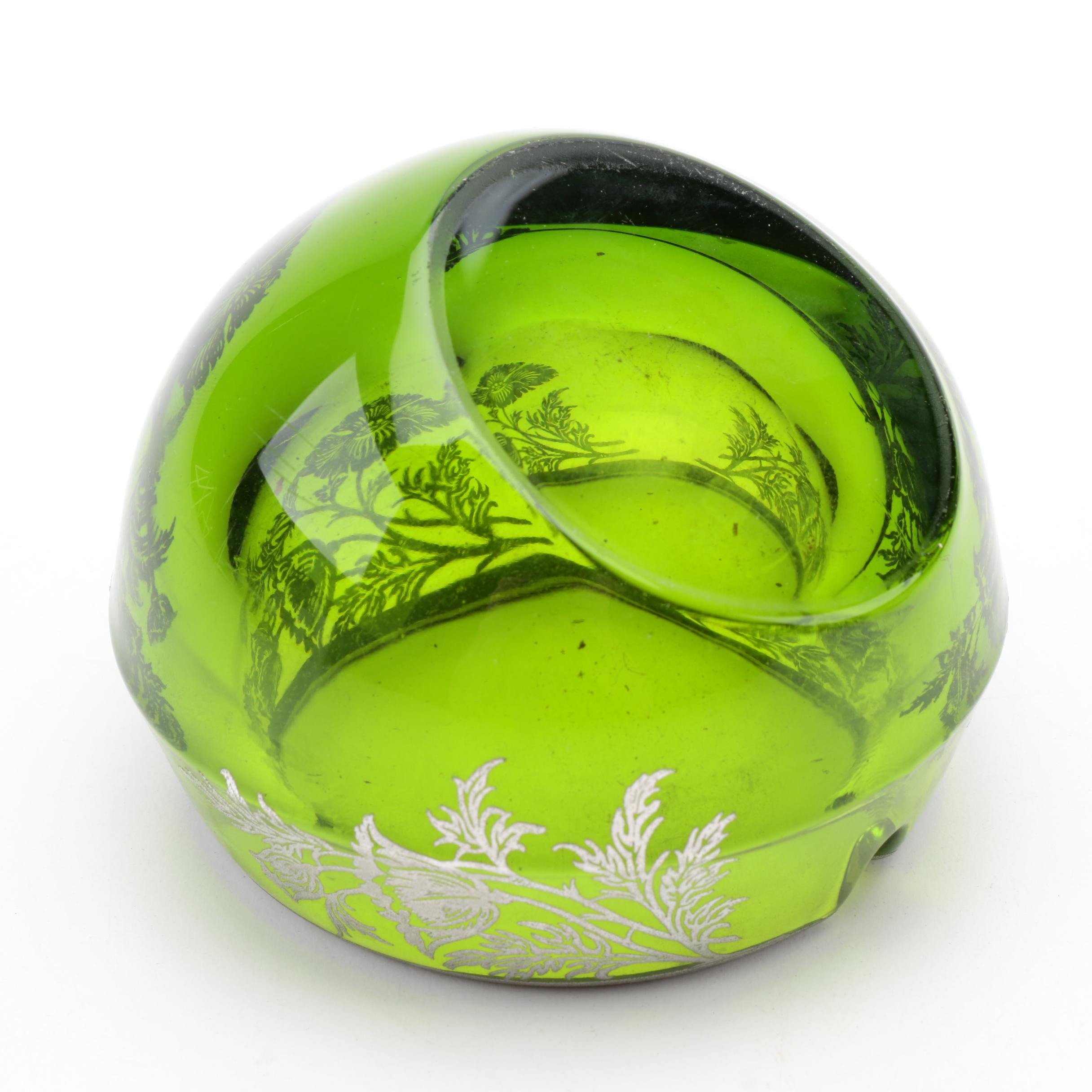 Vintage Green Glass and Silver Overlay Tableware