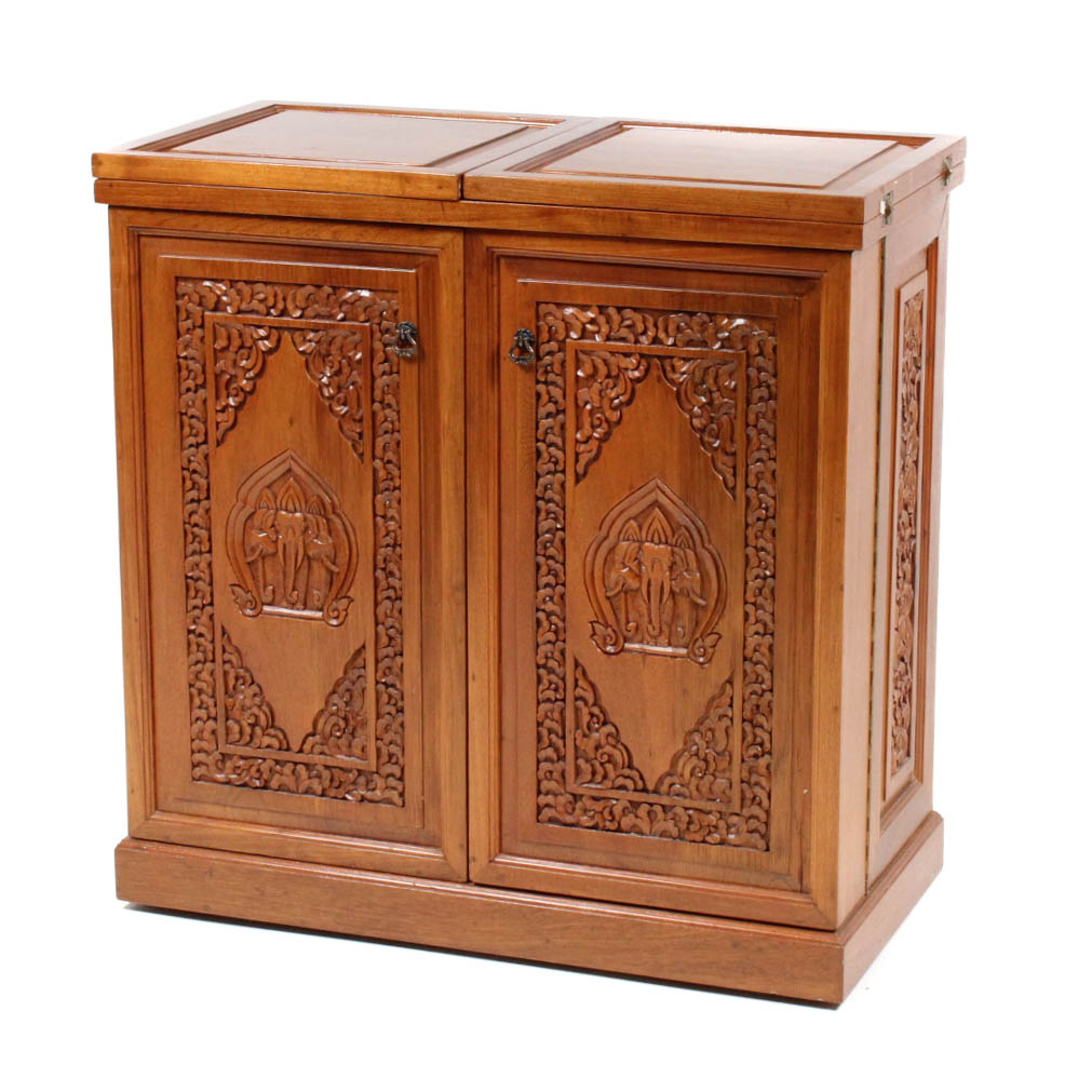 Vintage Thai Carved Teak Wood Bar Cabinet