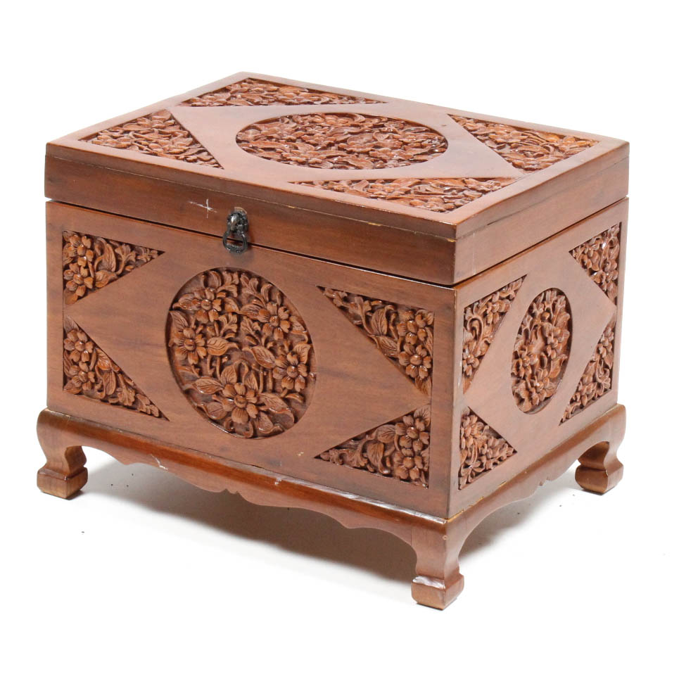 Vintage Thai Carved Teak Wood Chest