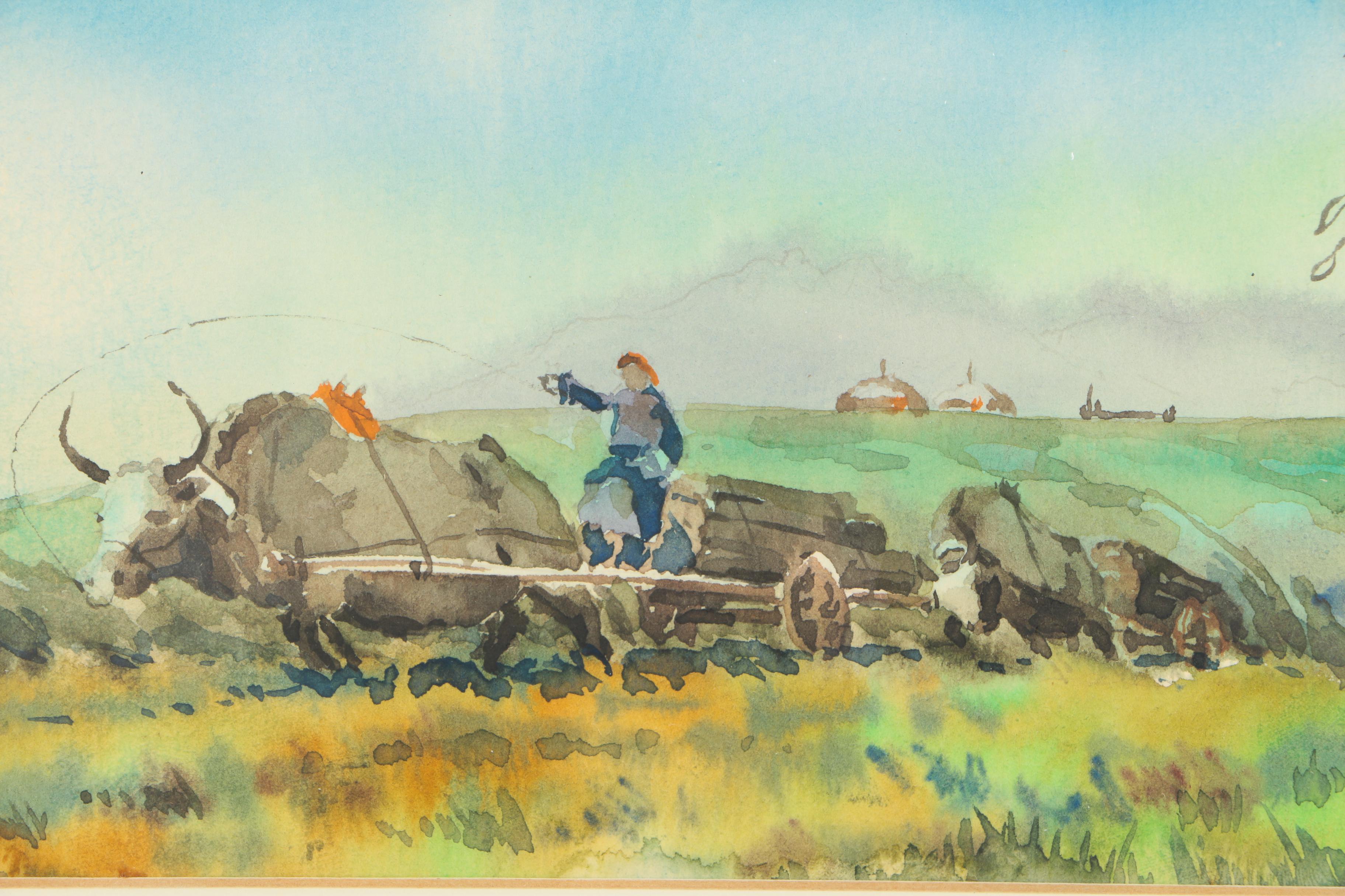 Mongolian Watercolor of Oxen and Carts