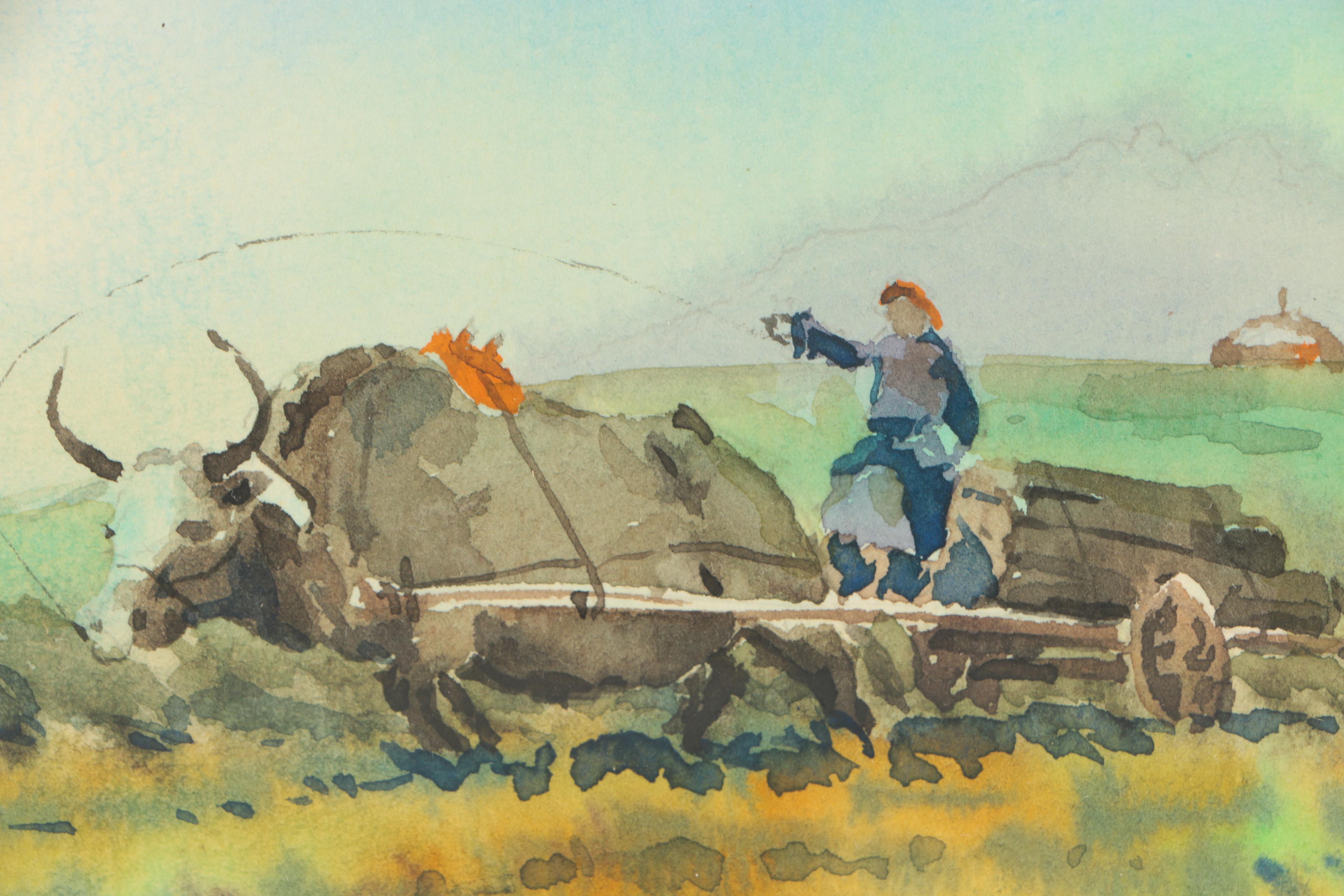 Mongolian Watercolor of Oxen and Carts