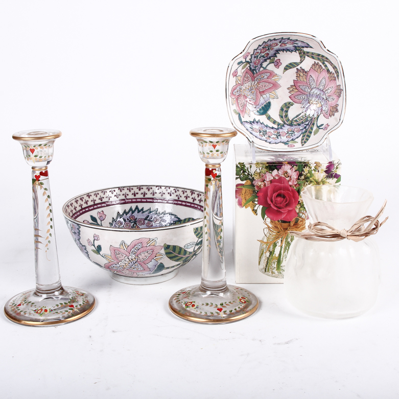 Floral Themed Bowls, Candle Holders, and Vase