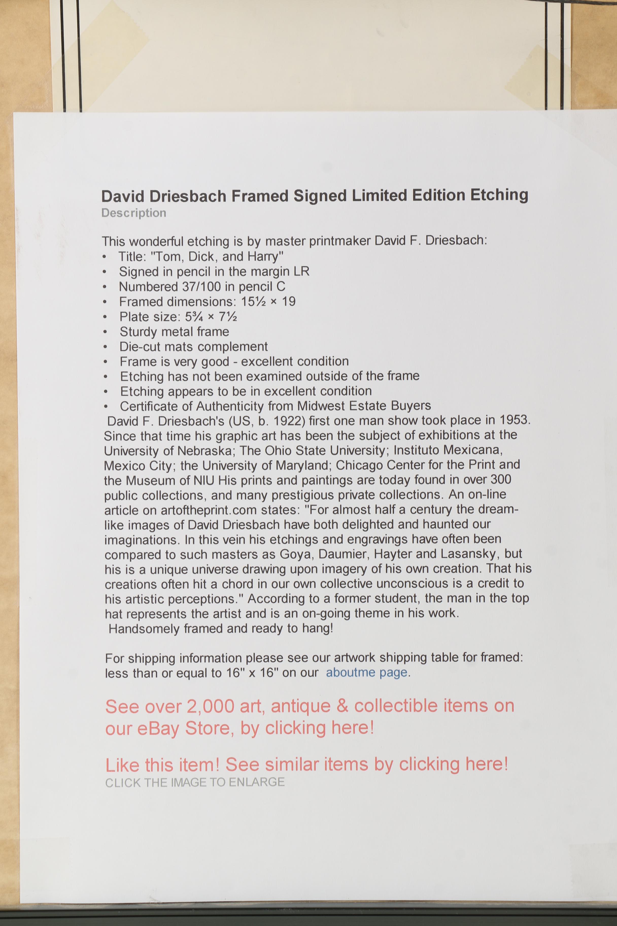 David F. Driesbach Limited Edition Etching on Paper "Tom, Dick, and Harry"