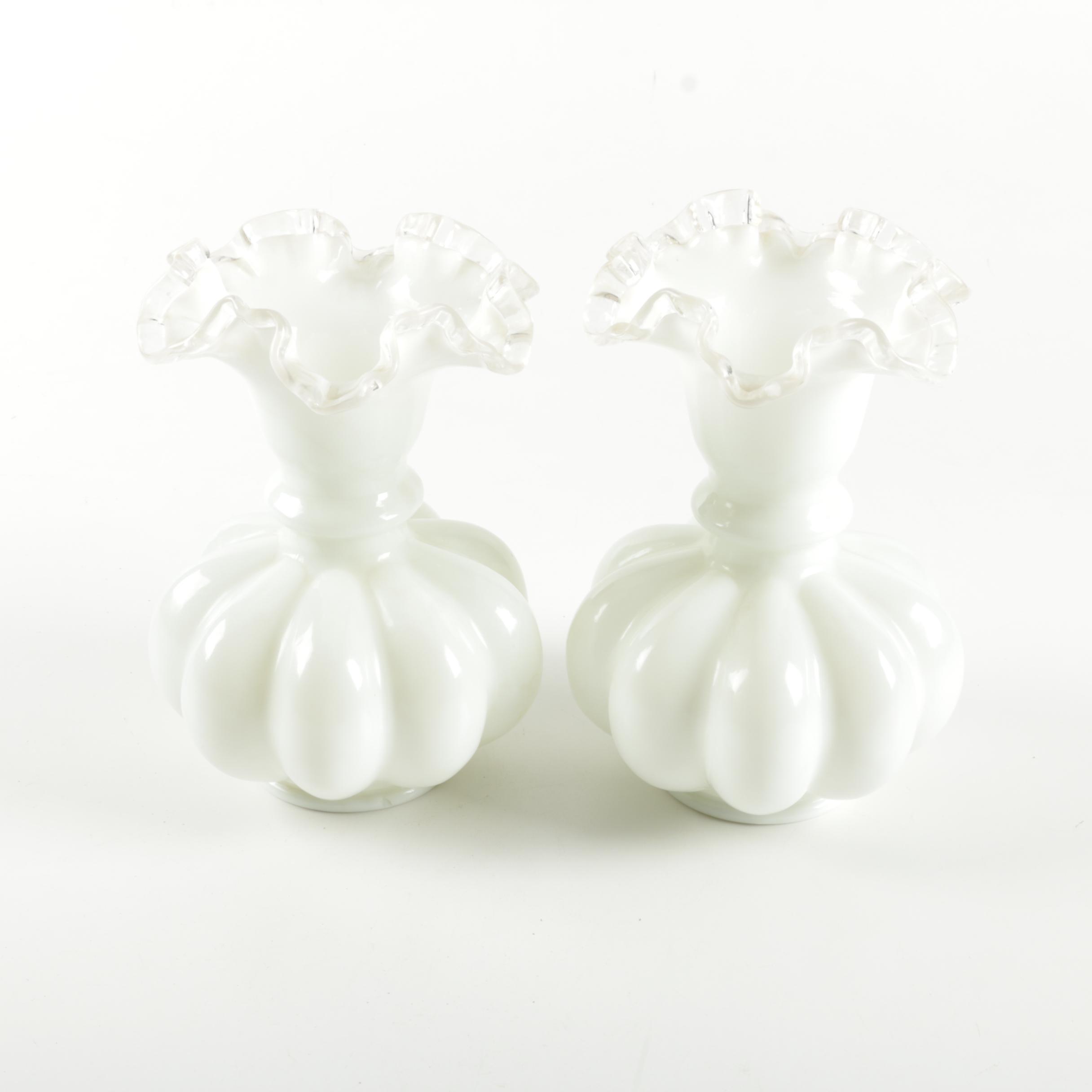 Pair of Fenton Glass Silver Crested Melon Vases