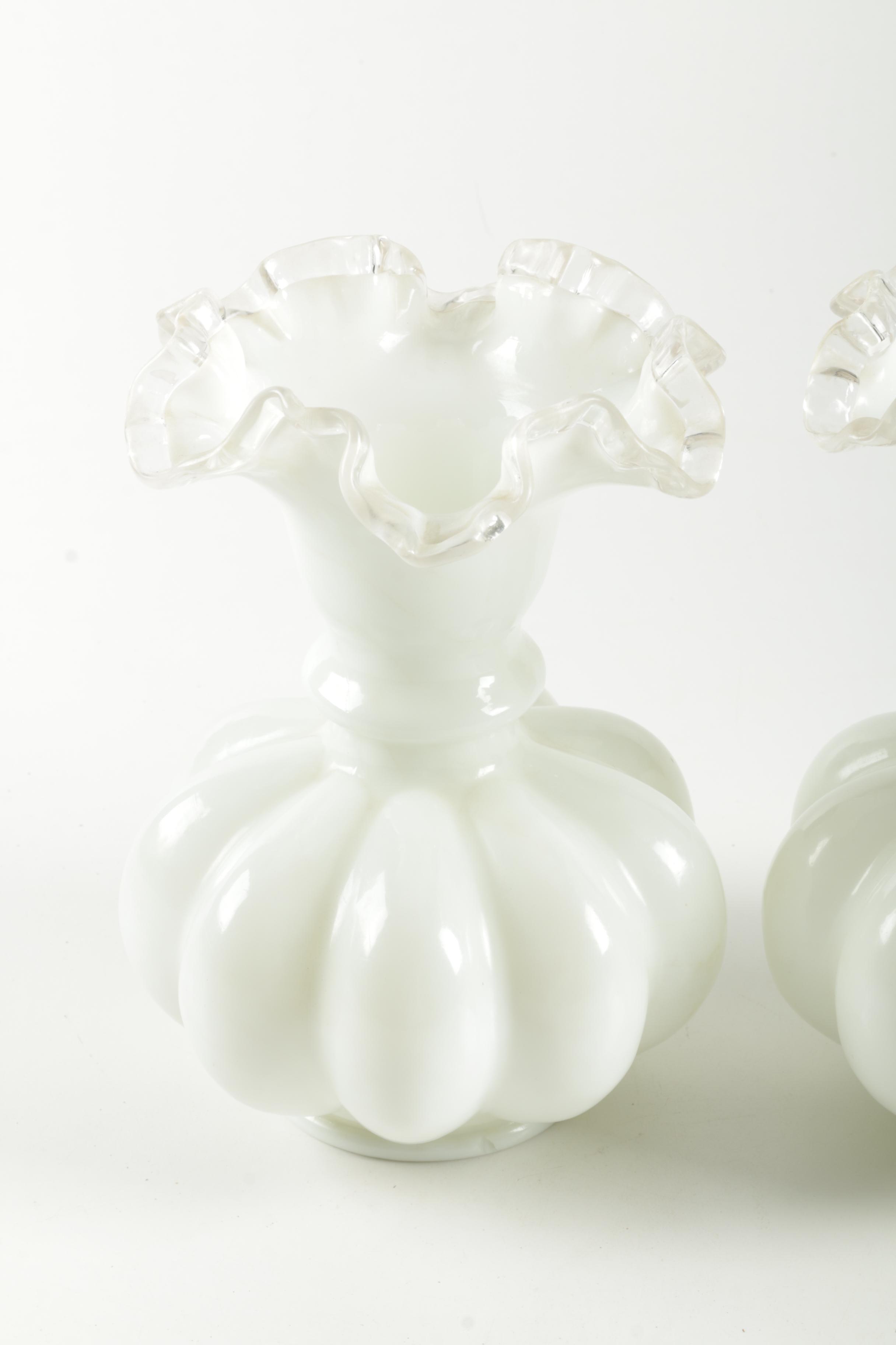Pair of Fenton Glass Silver Crested Melon Vases