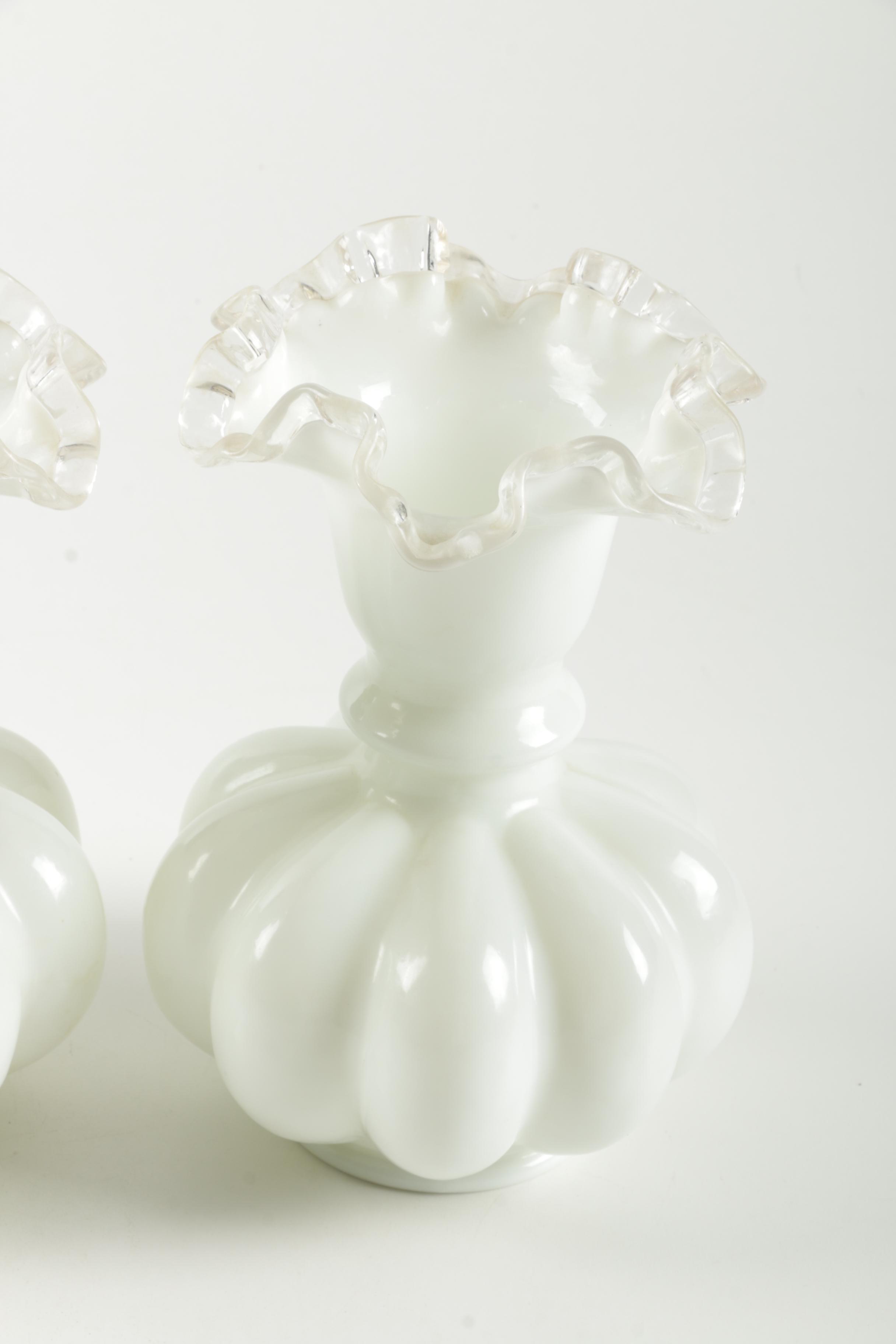 Pair of Fenton Glass Silver Crested Melon Vases