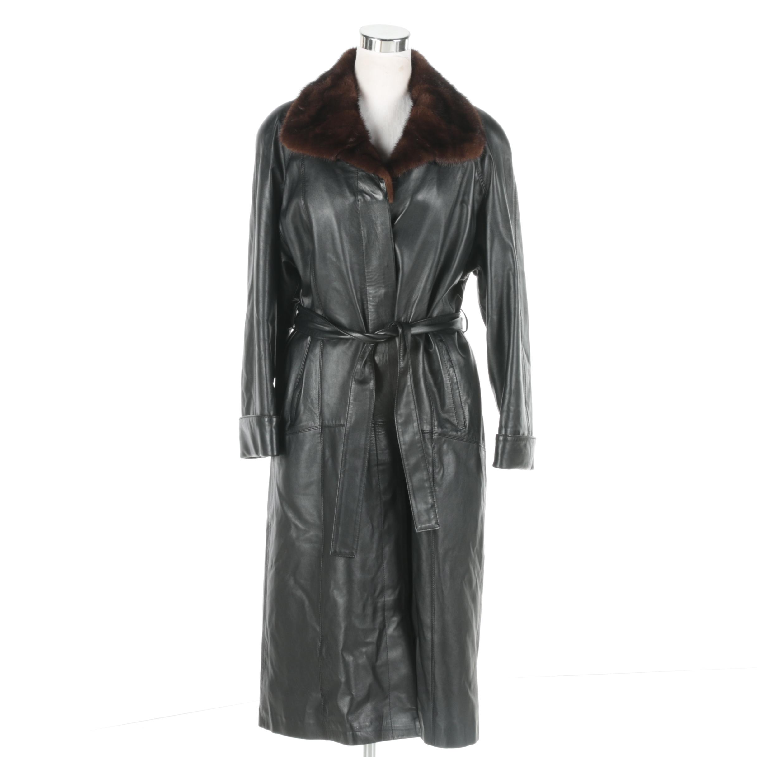 Jose Roca Black Leather Trench Coat with Mink Fur Collar
