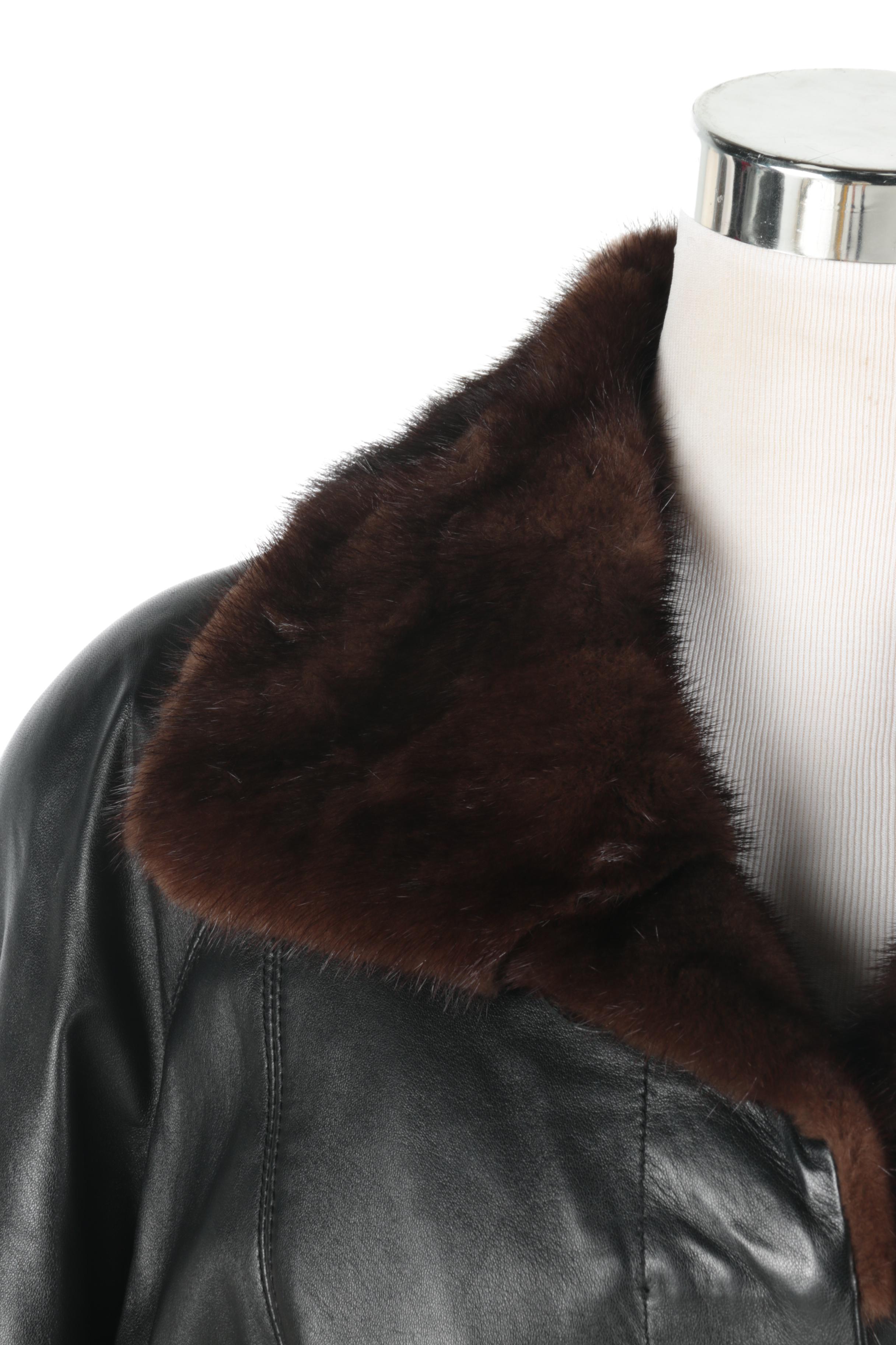 Jose Roca Black Leather Trench Coat with Mink Fur Collar