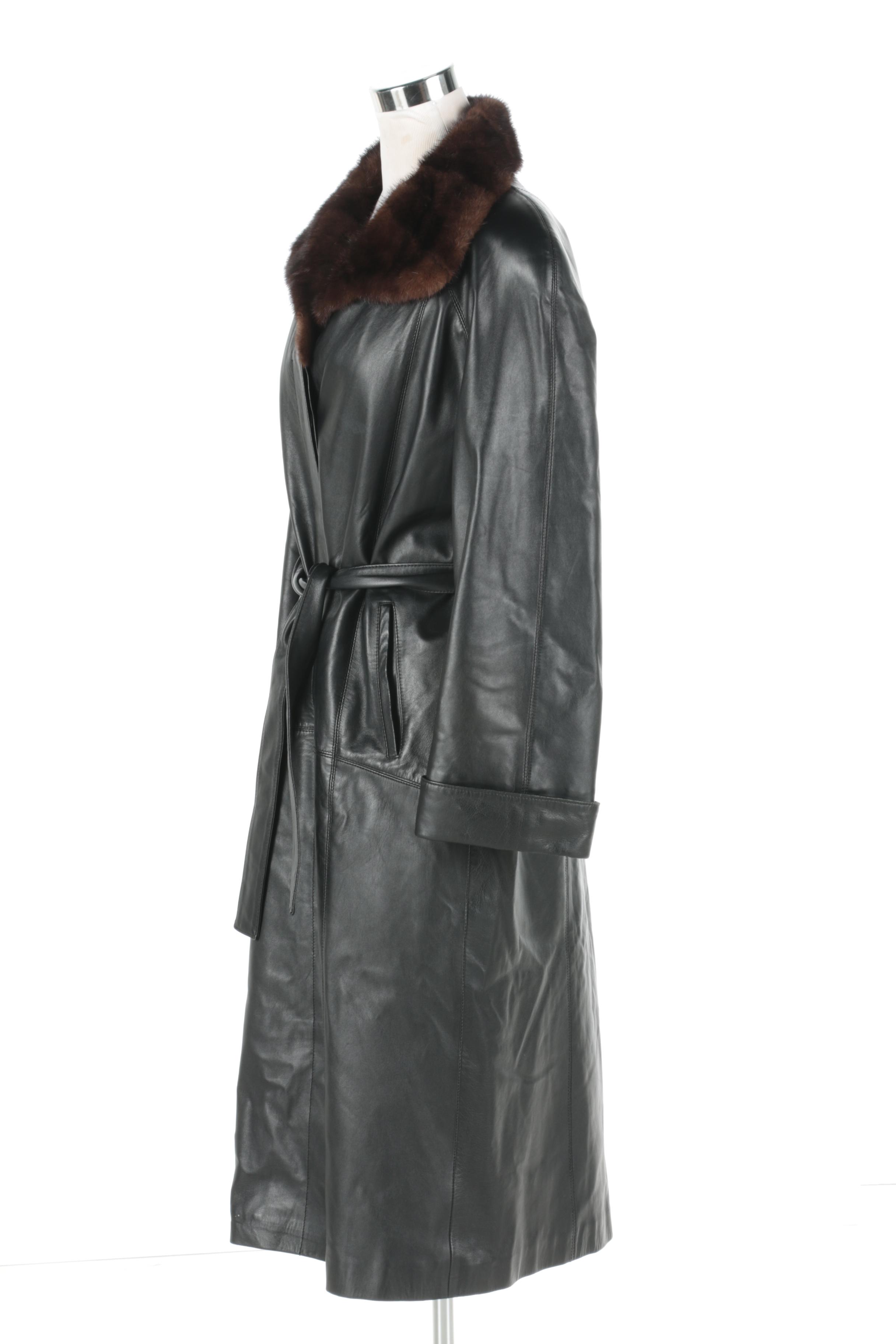 Jose Roca Black Leather Trench Coat with Mink Fur Collar