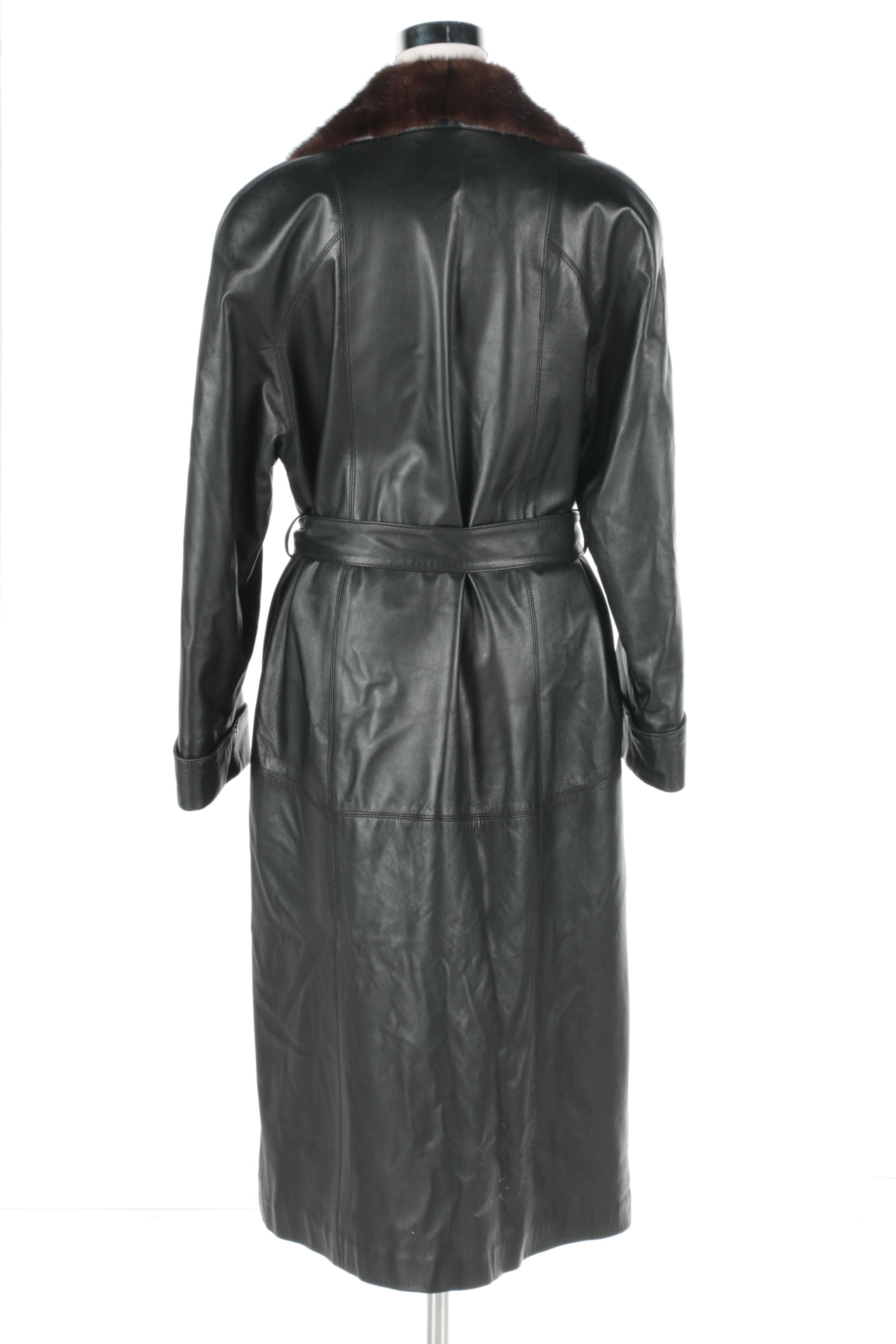 Jose Roca Black Leather Trench Coat with Mink Fur Collar