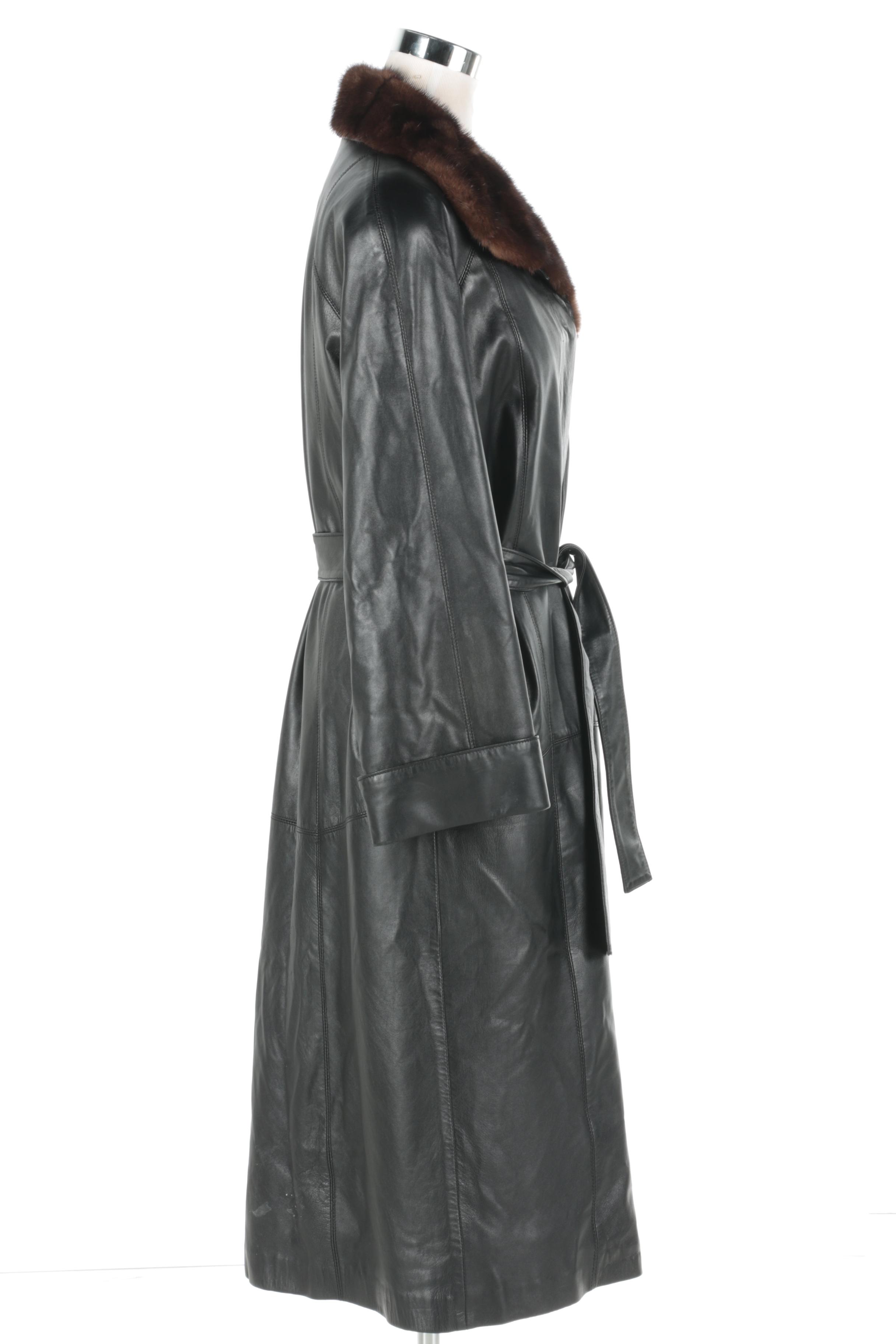 Jose Roca Black Leather Trench Coat with Mink Fur Collar