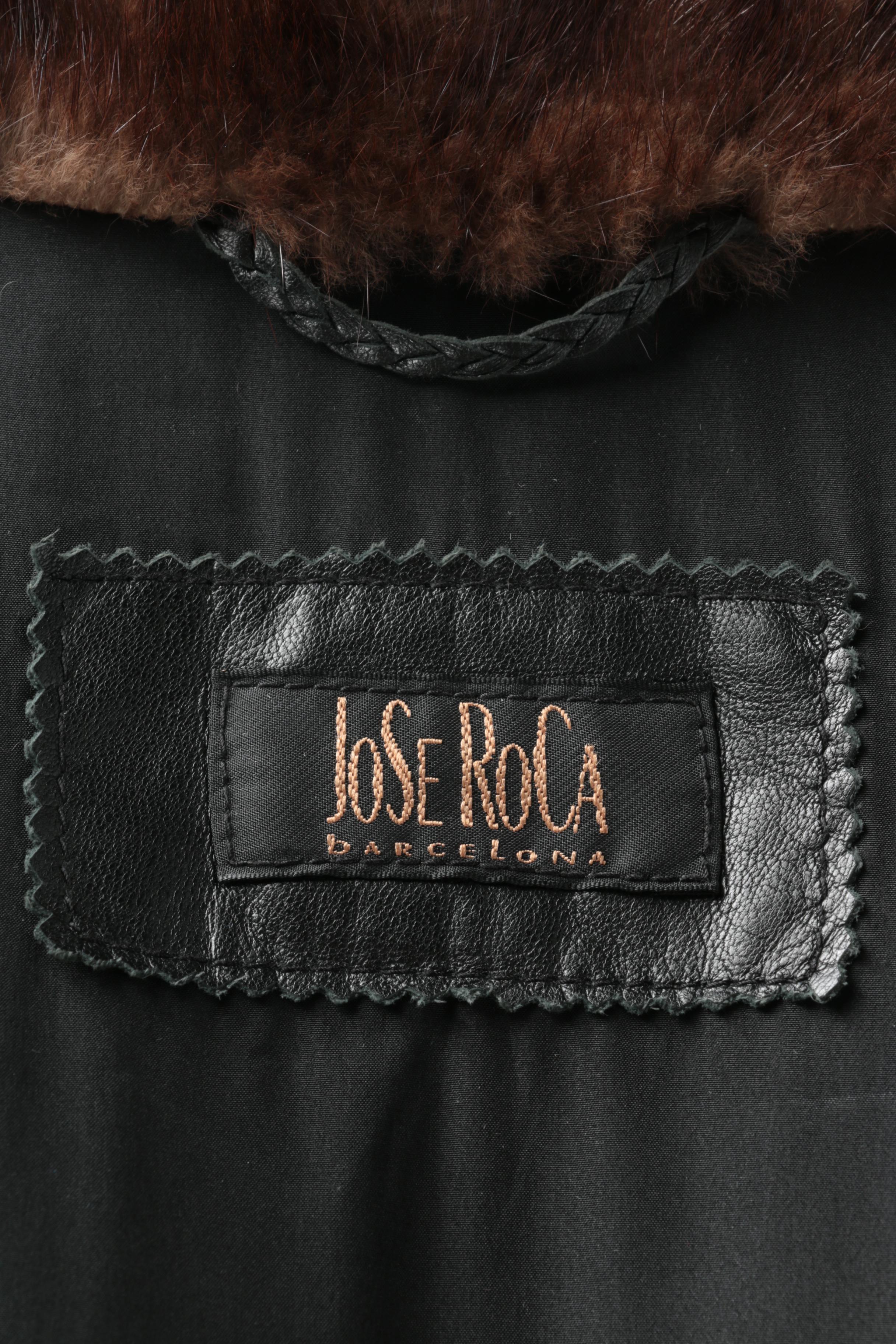 Jose Roca Black Leather Trench Coat with Mink Fur Collar