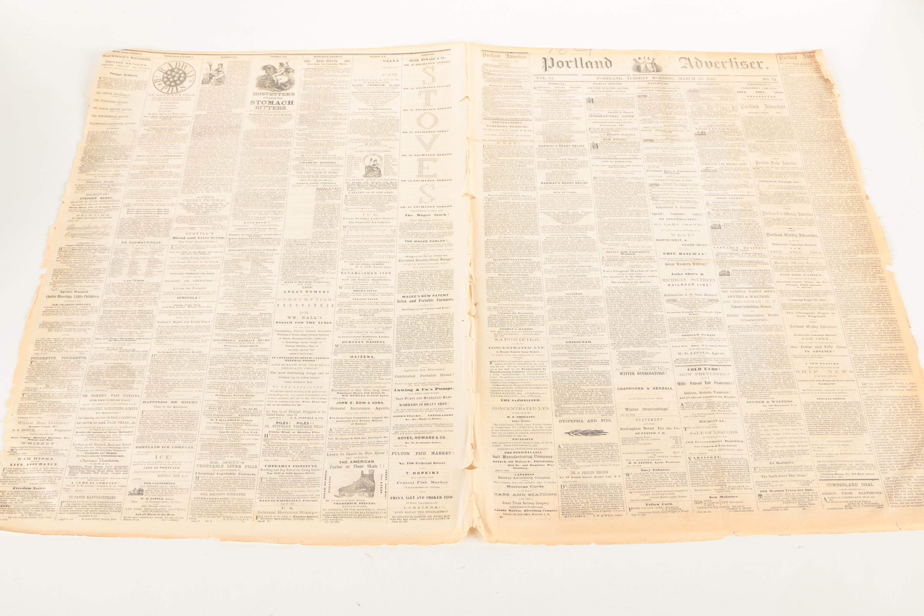 1862 & 1864 "Portland Advertiser" and "The New York Times" Newspapers