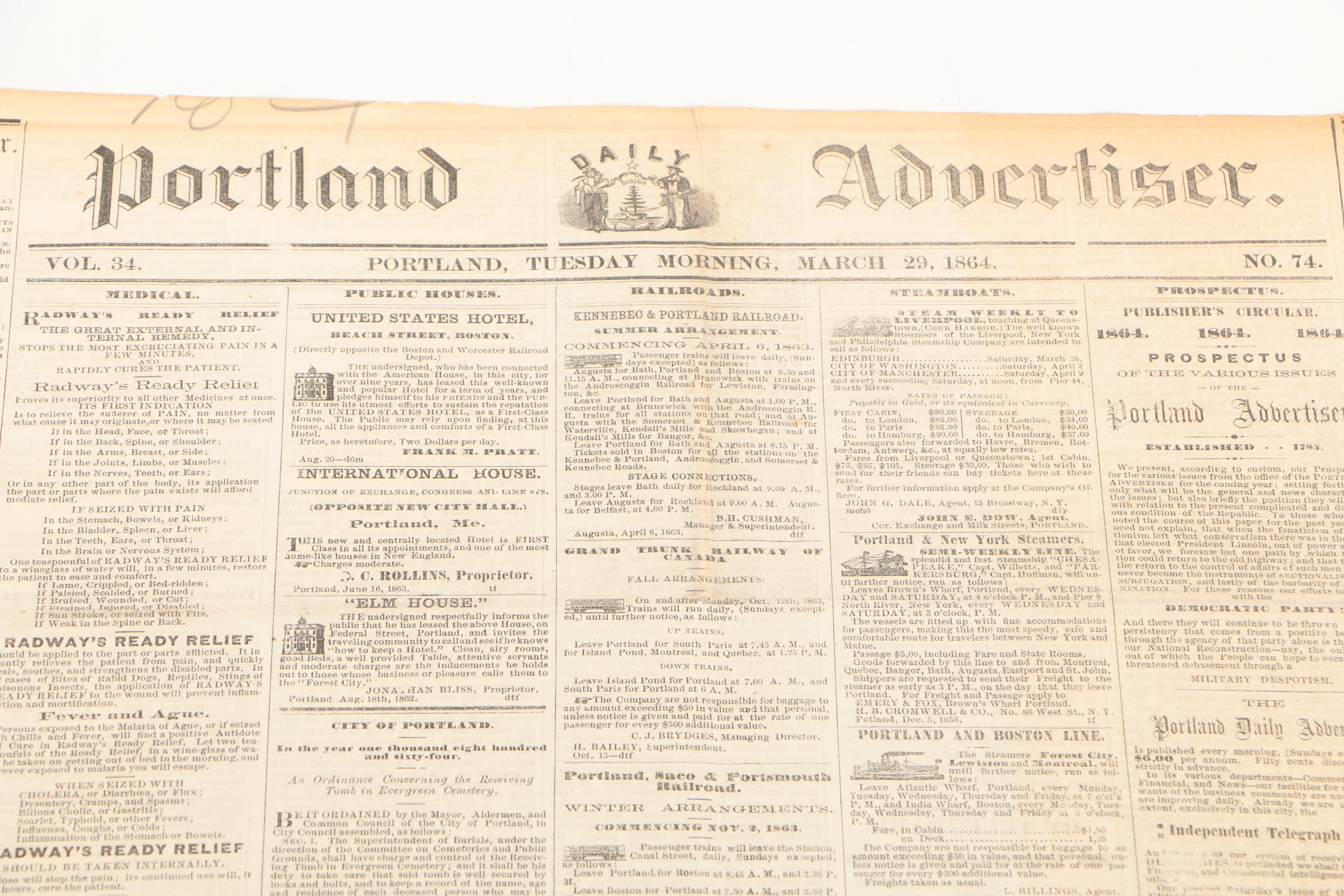 1862 & 1864 "Portland Advertiser" and "The New York Times" Newspapers