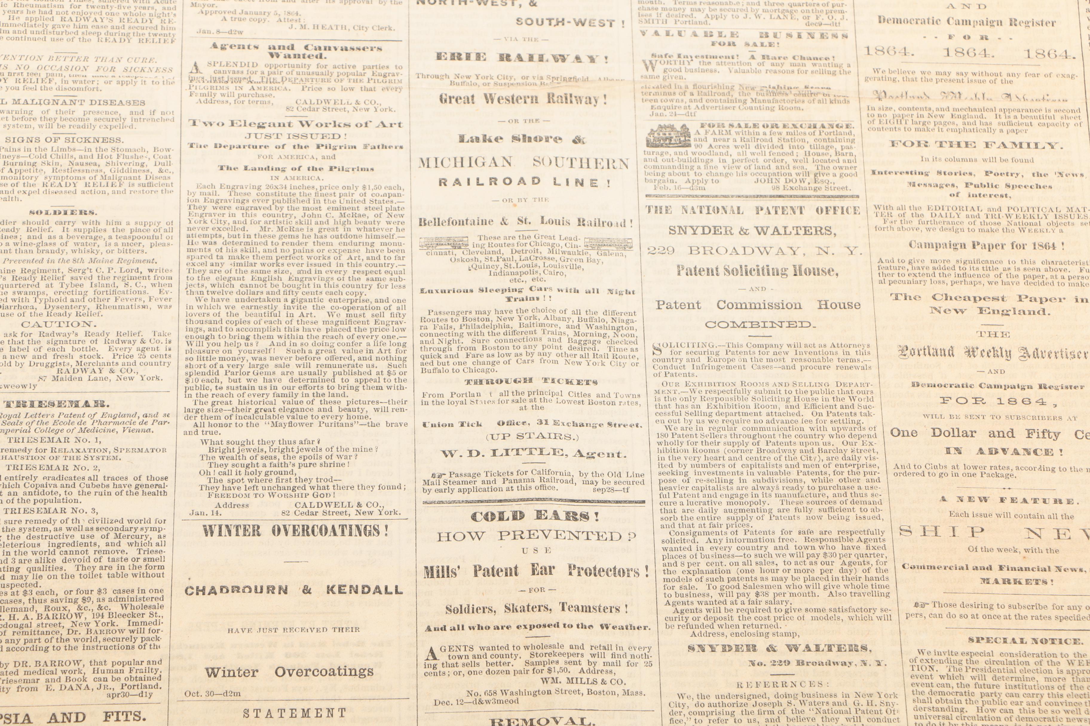 1862 & 1864 "Portland Advertiser" and "The New York Times" Newspapers